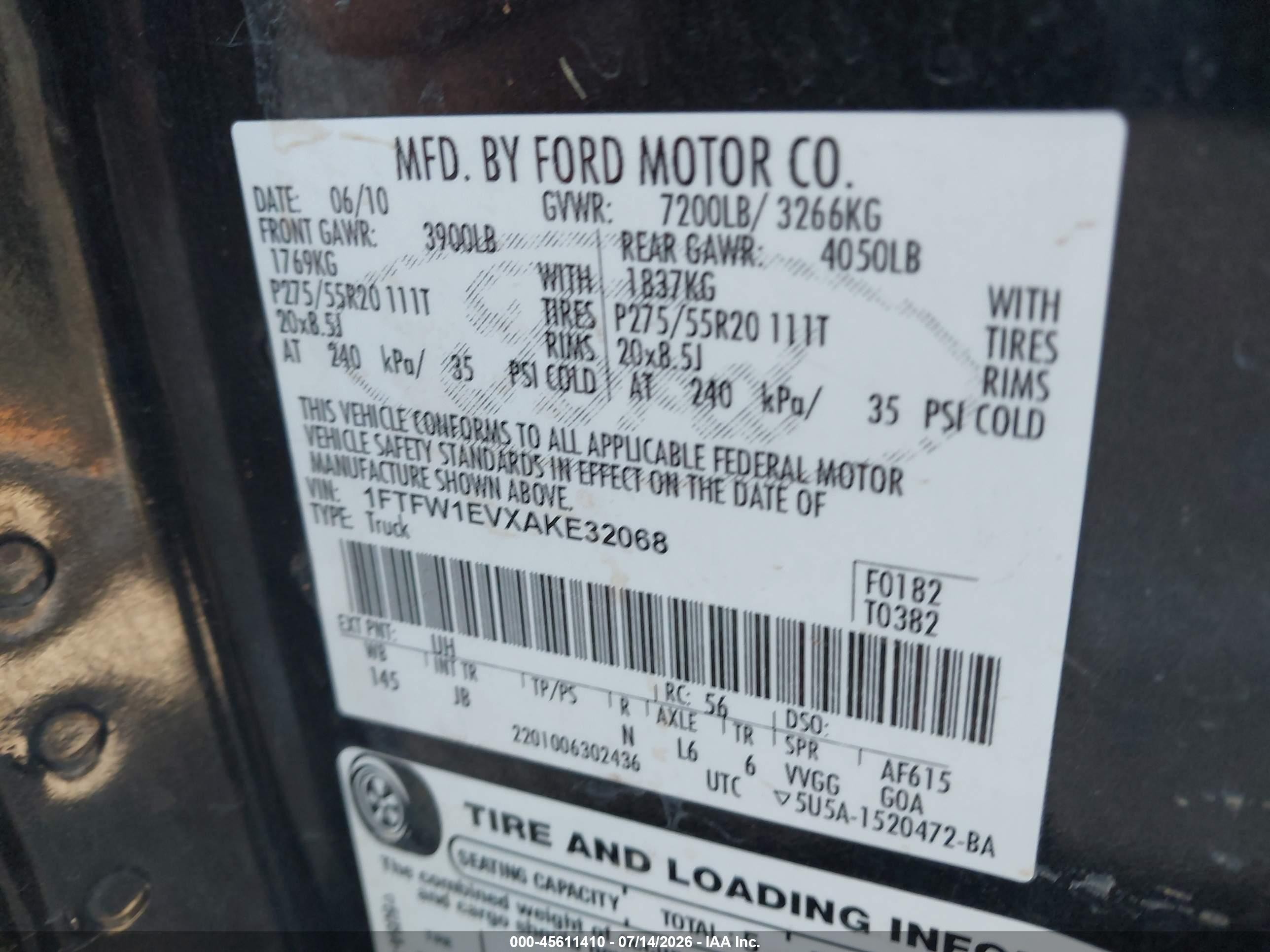 2010 Ford F-150 Fx4/harley-davidson/king Ranch/lariat/platinum/xl/xlt Black vin: 1FTFW1EVXAKE32068