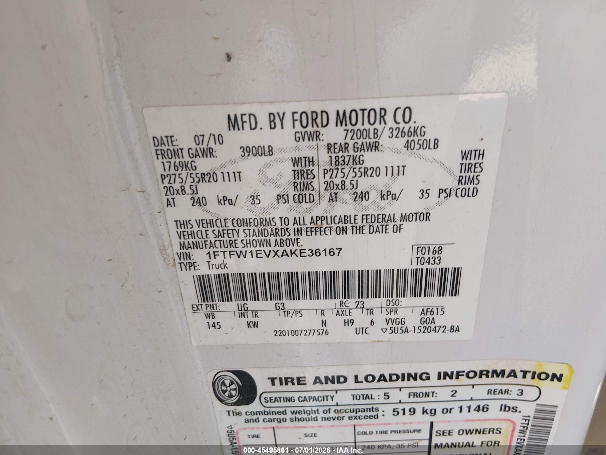 2010 Ford F-150 Fx4/harley-davidson/king Ranch/lariat/platinum/xl/xlt Белый vin: 1FTFW1EVXAKE36167