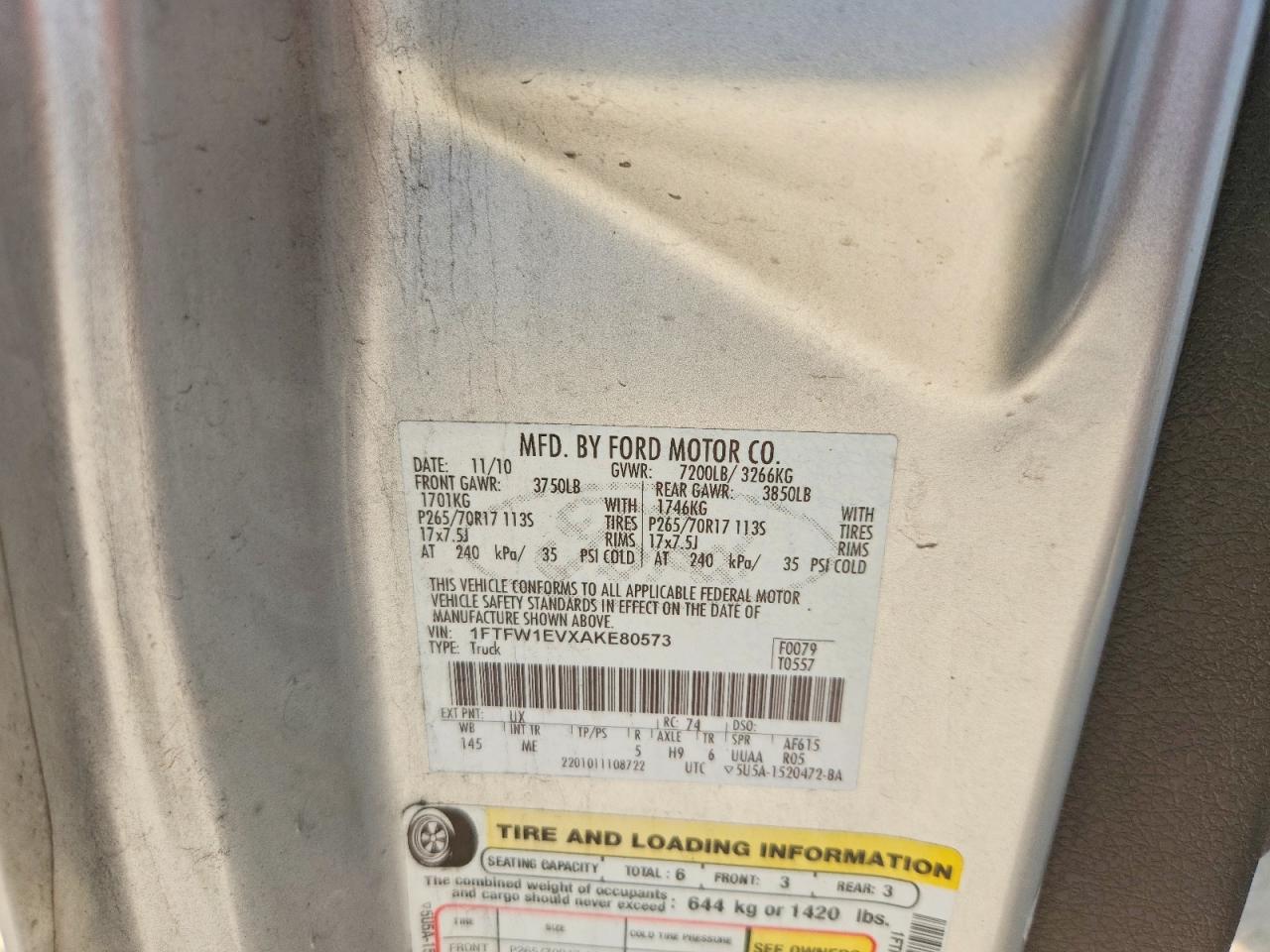 2010 Ford F150 Supercrew Silver vin: 1FTFW1EVXAKE80573