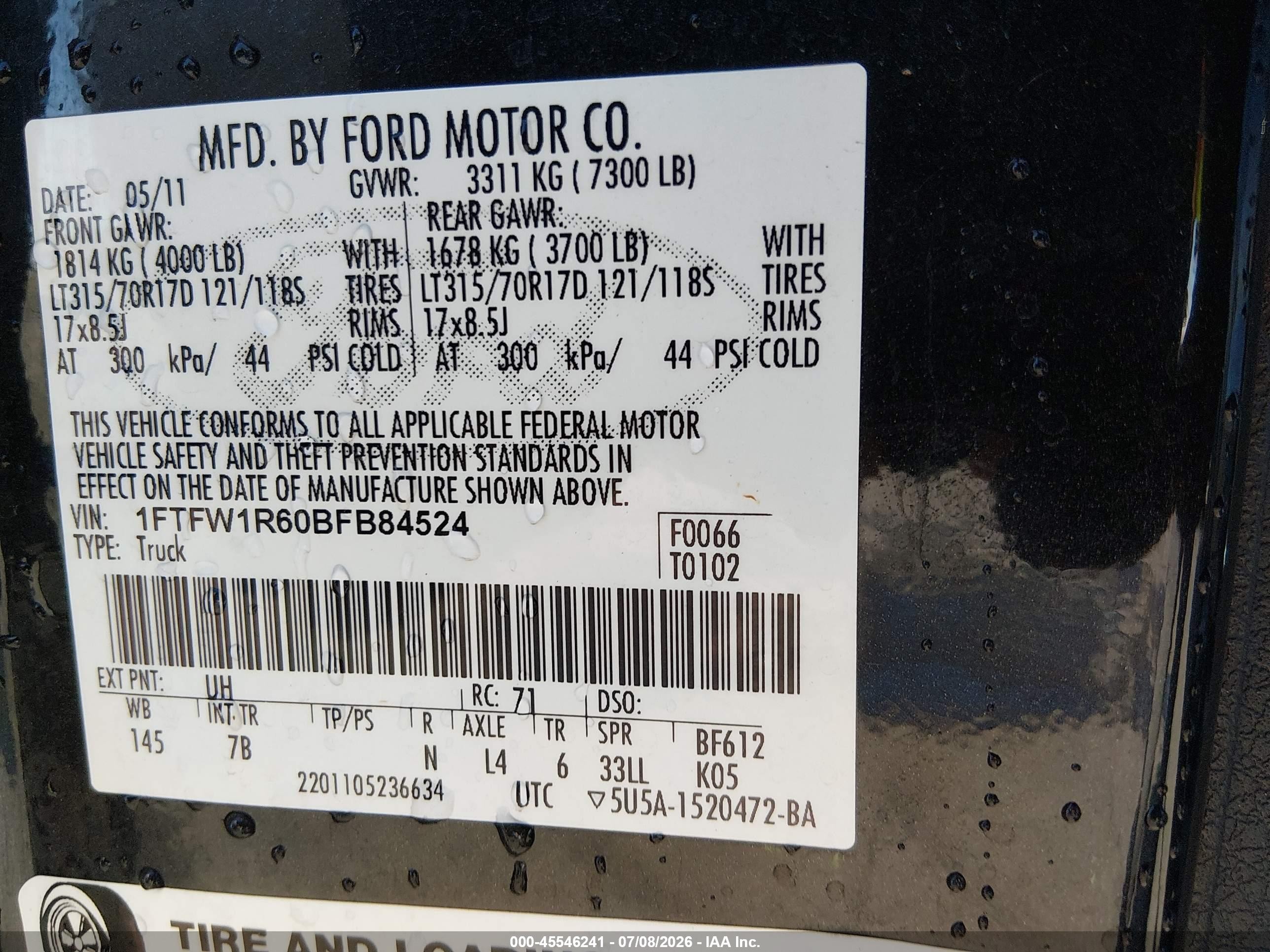 2011 Ford F-150 Svt Raptor Black vin: 1FTFW1R60BFB84524
