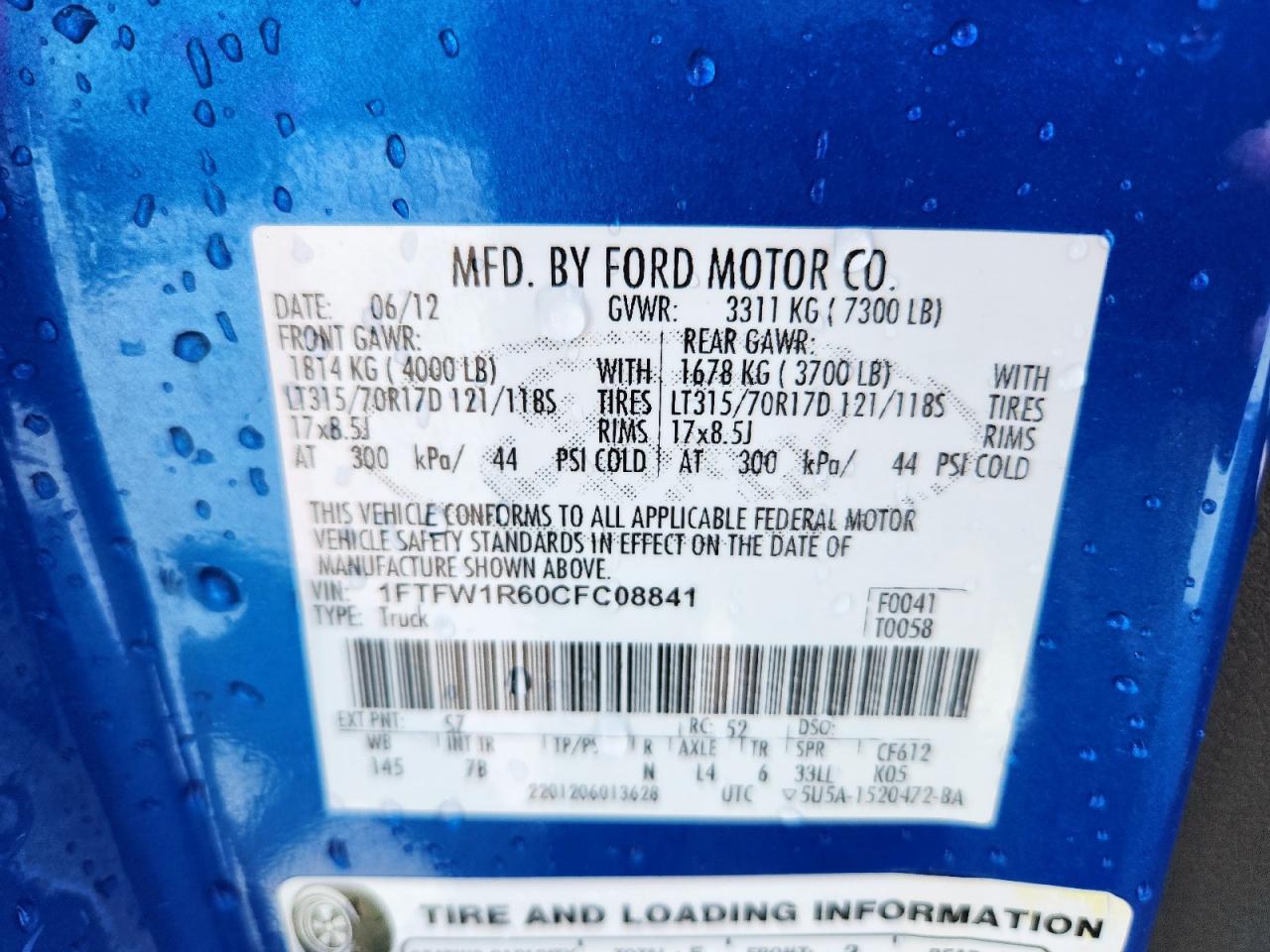 2012 Ford F150 Svt Raptor Blue vin: 1FTFW1R60CFC08841