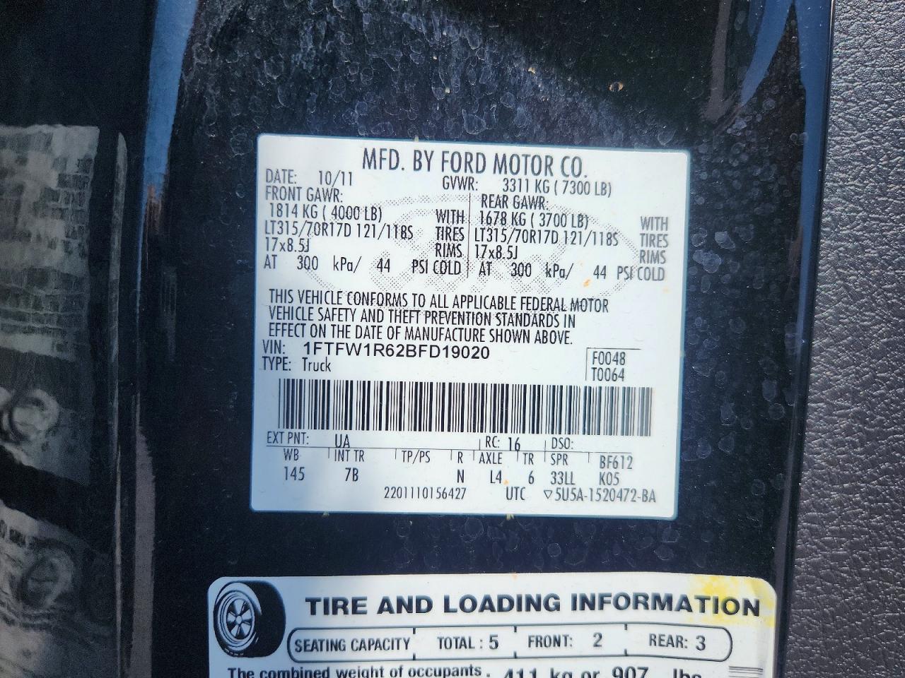 2011 Ford F150 Svt Raptor Black vin: 1FTFW1R62BFD19020