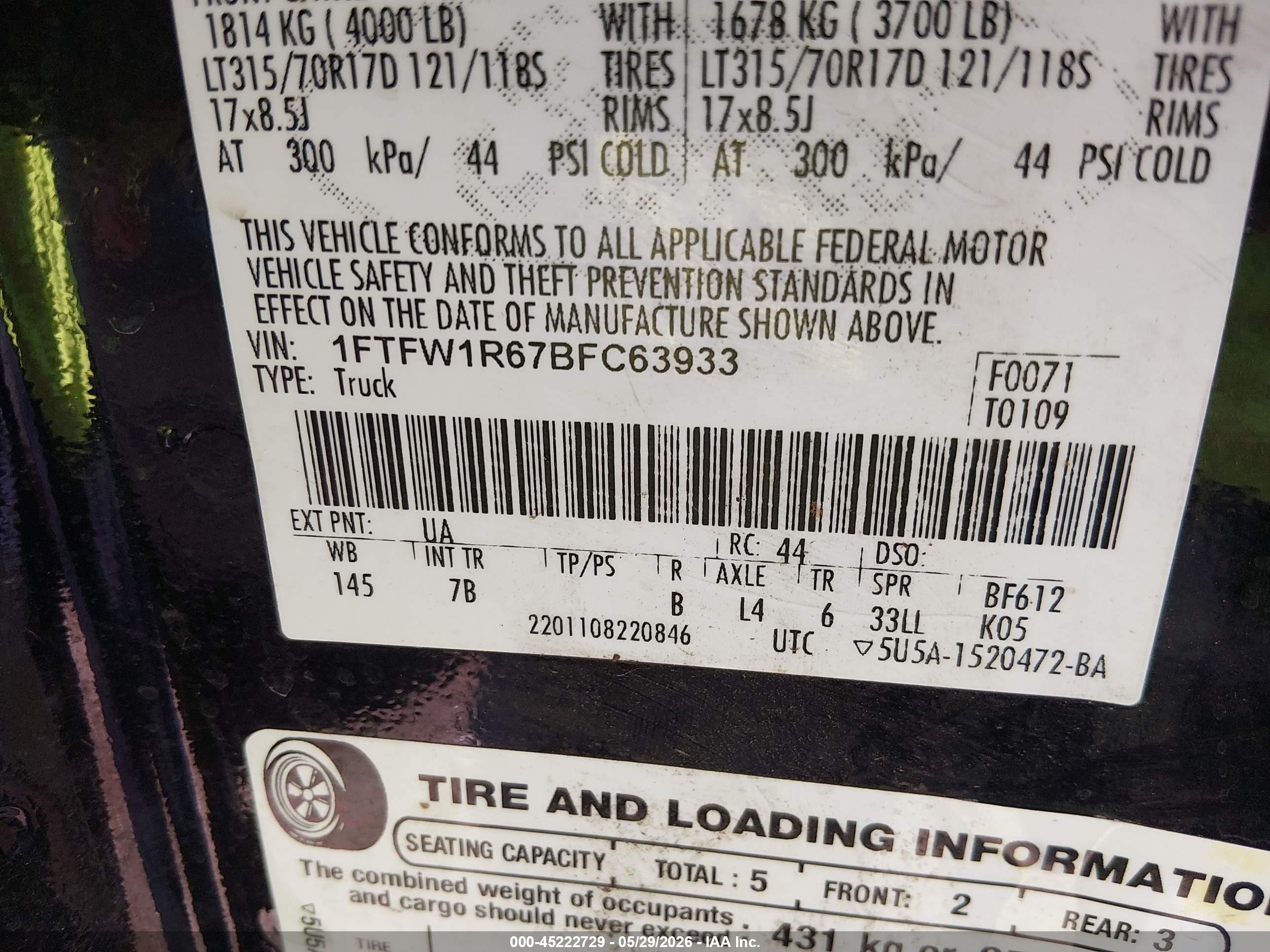 2011 Ford F-150 Svt Raptor Black vin: 1FTFW1R67BFC63933