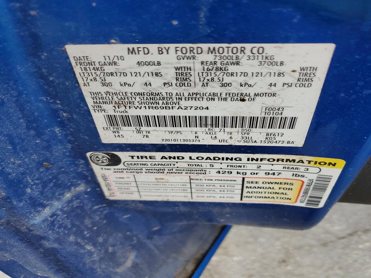 2011 Ford F150 Svt Raptor Blue vin: 1FTFW1R69BFA27204
