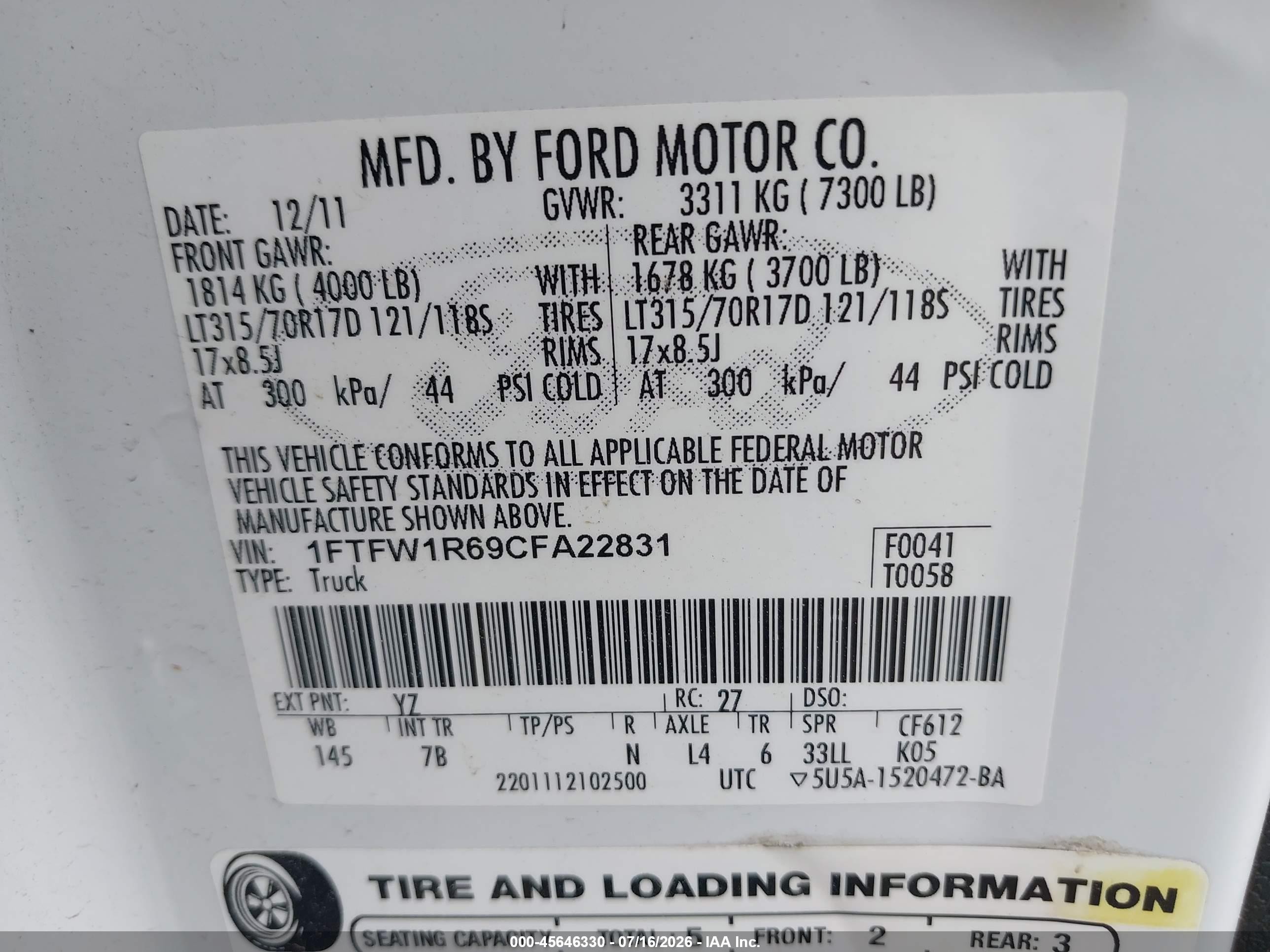 2012 Ford F-150 Svt Raptor White vin: 1FTFW1R69CFA22831