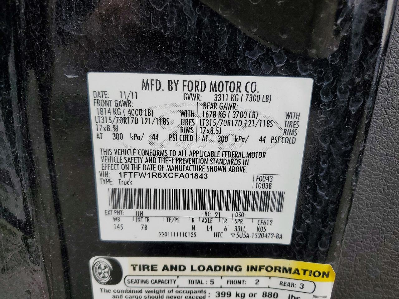 2012 Ford F150 Svt Raptor Black vin: 1FTFW1R6XCFA01843