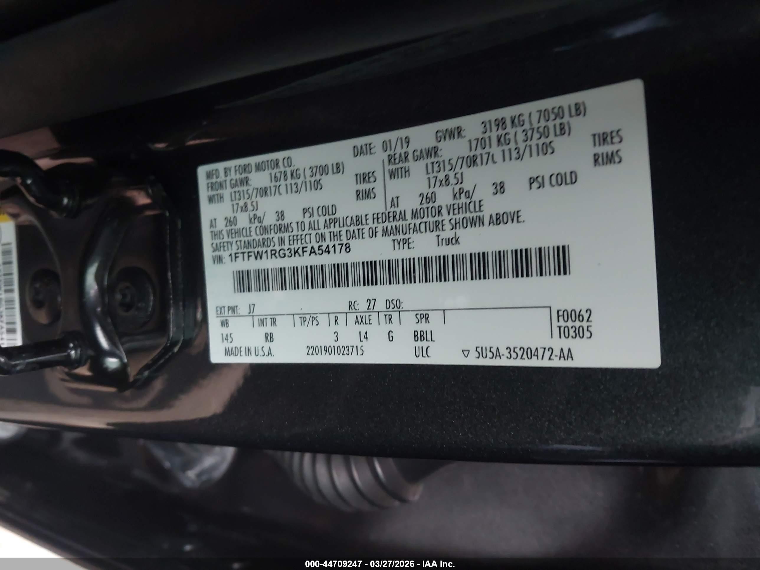2019 Ford F-150 Raptor Black vin: 1FTFW1RG3KFA54178