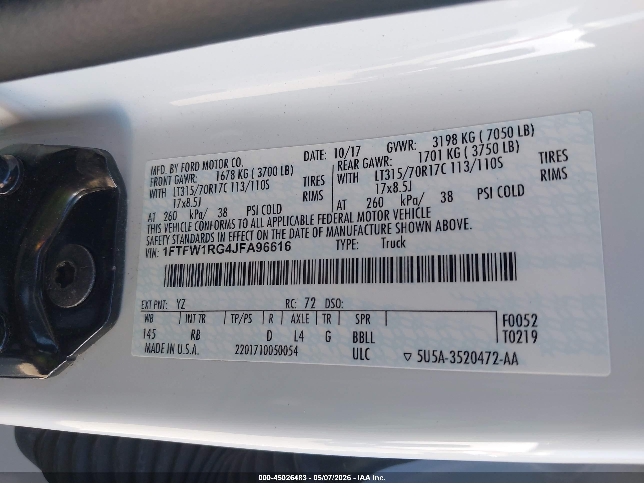2018 Ford F-150 Raptor White vin: 1FTFW1RG4JFA96616