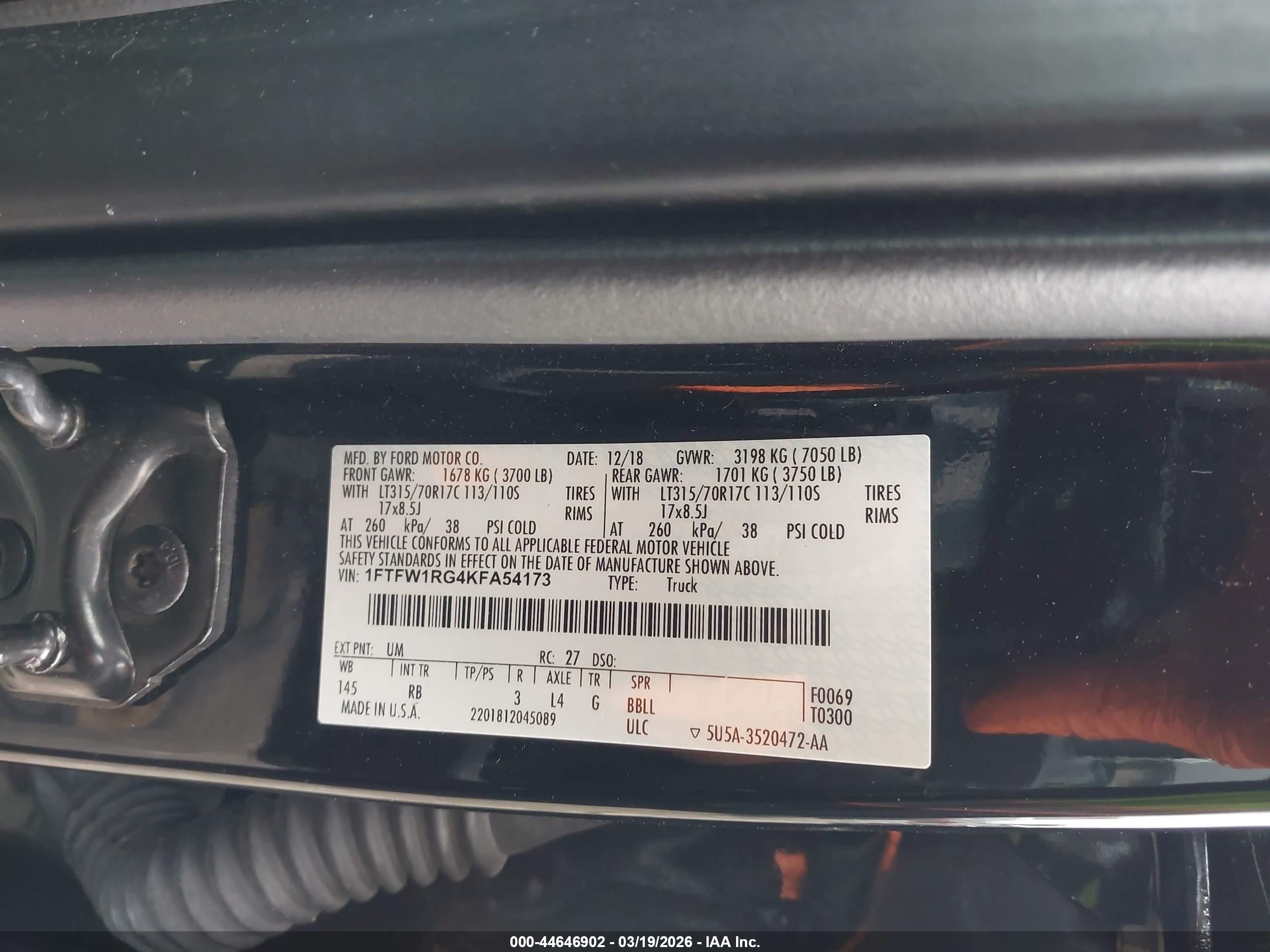 2019 Ford F-150 Raptor Black vin: 1FTFW1RG4KFA54173