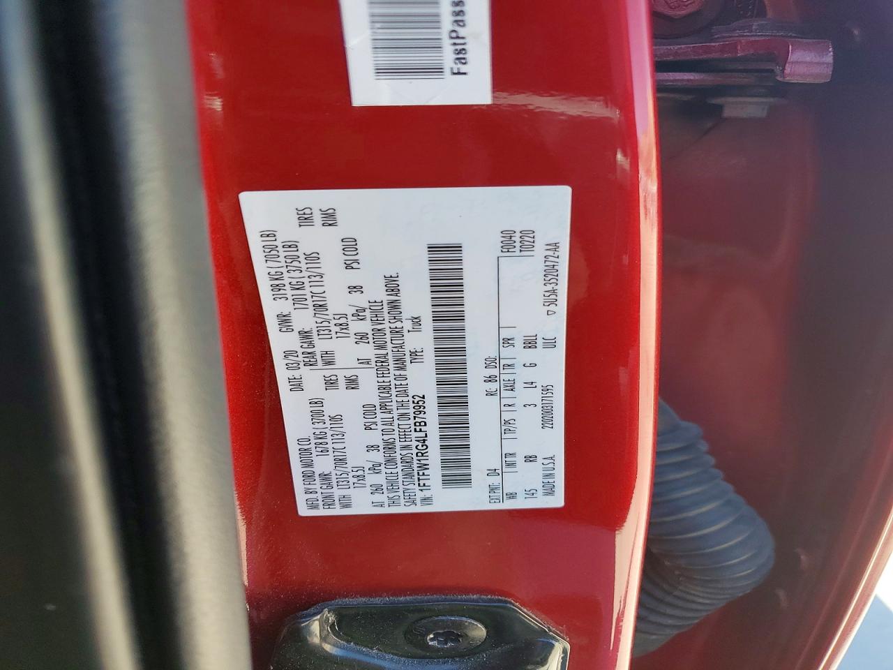 2020 Ford F150 Raptor Red vin: 1FTFW1RG4LFB79952