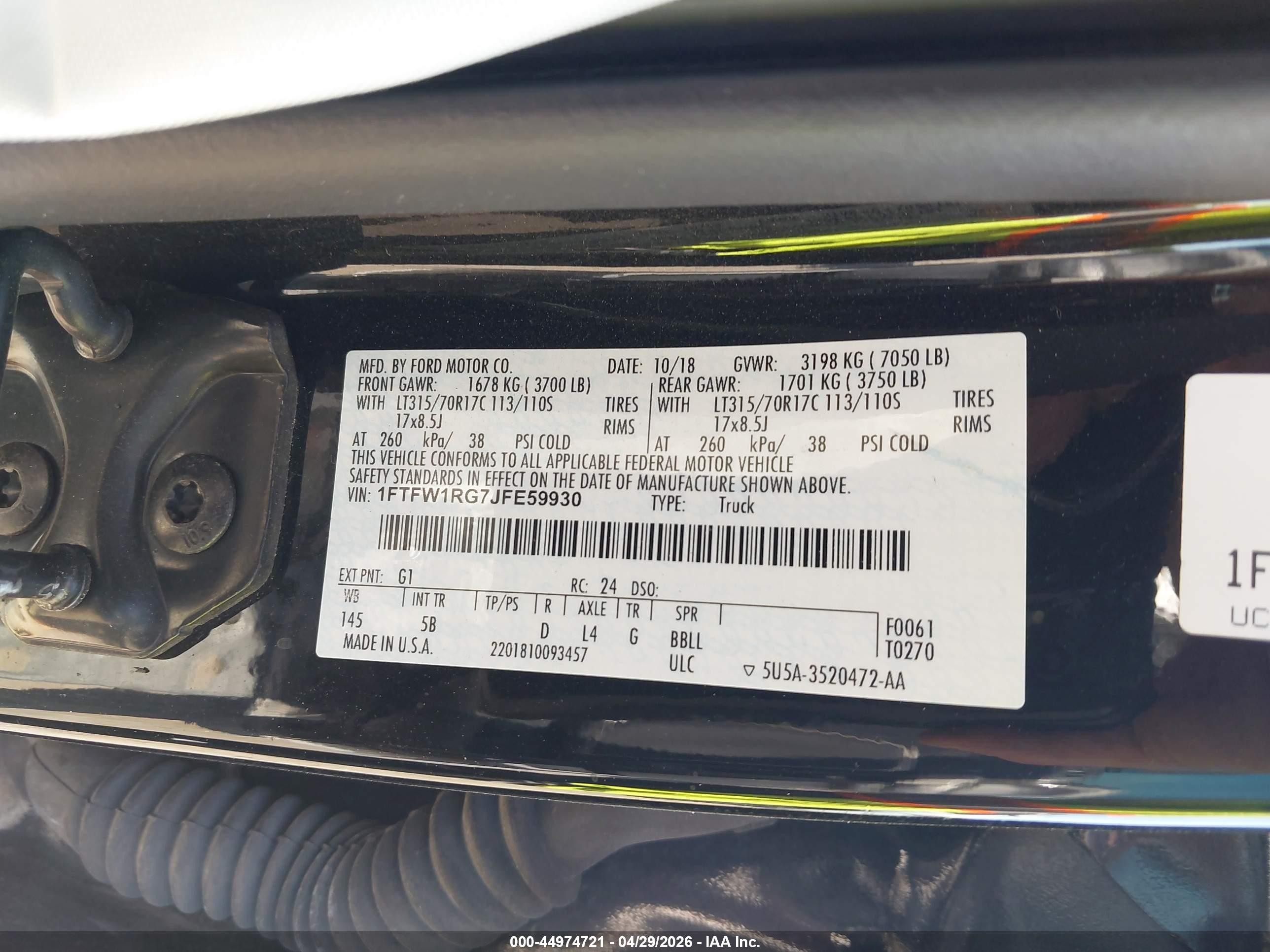 2018 Ford F-150 Raptor Black vin: 1FTFW1RG7JFE59930