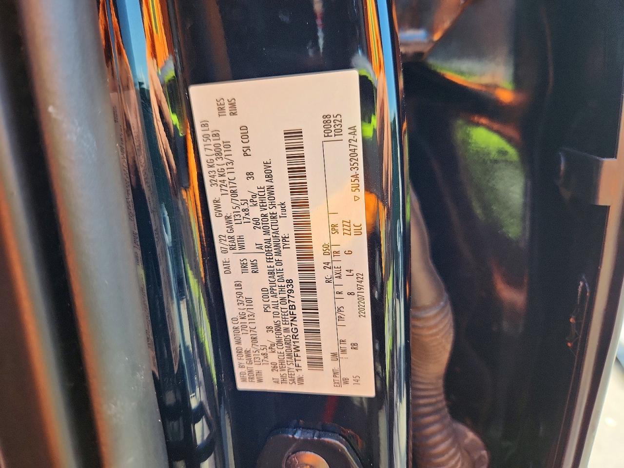 2022 Ford F150 Raptor Black vin: 1FTFW1RG7NFB77938