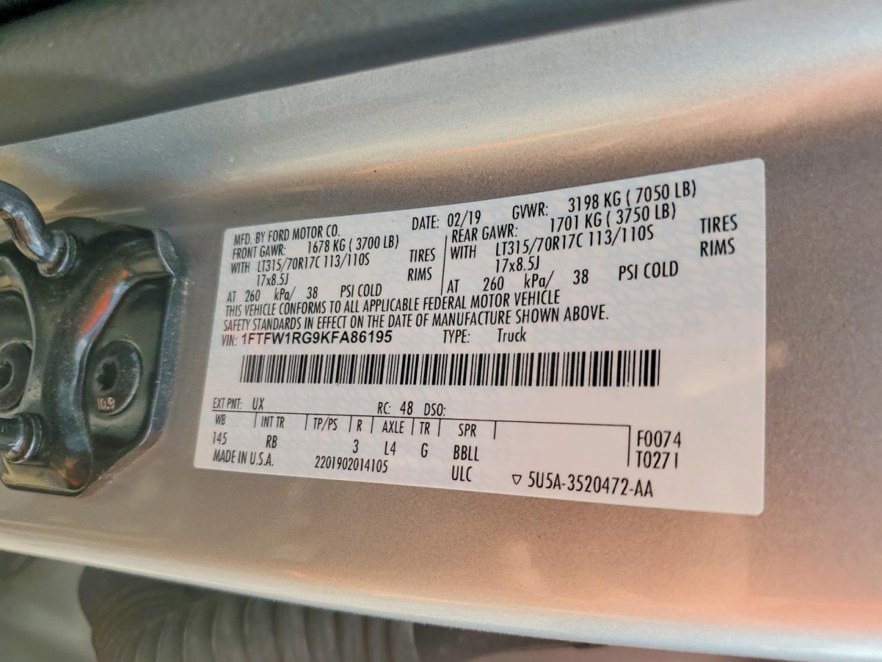 2019 Ford F150 Raptor Gray vin: 1FTFW1RG9KFA86195