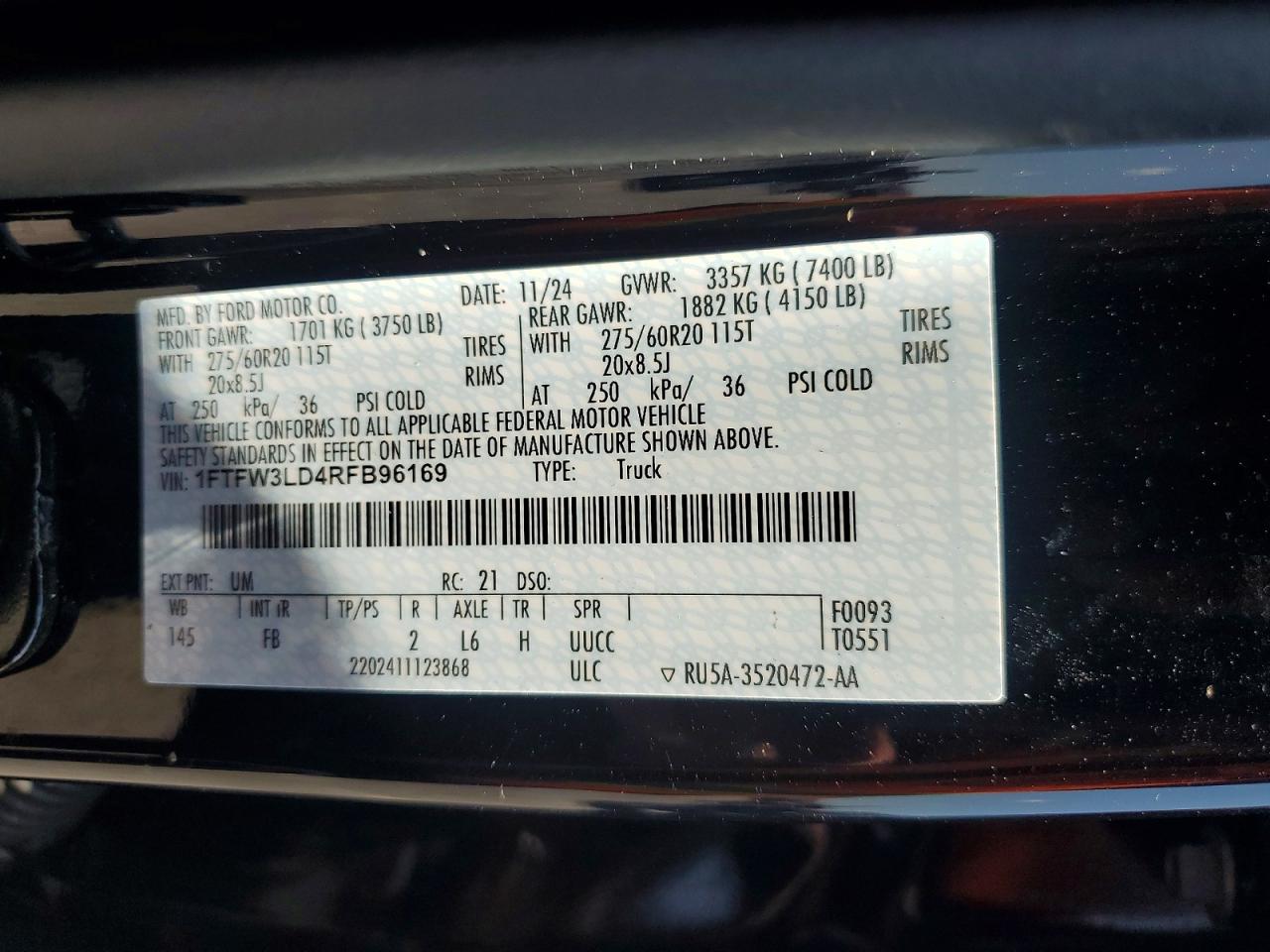 2024 Ford F150 Xlt Black vin: 1FTFW3LD4RFB96169