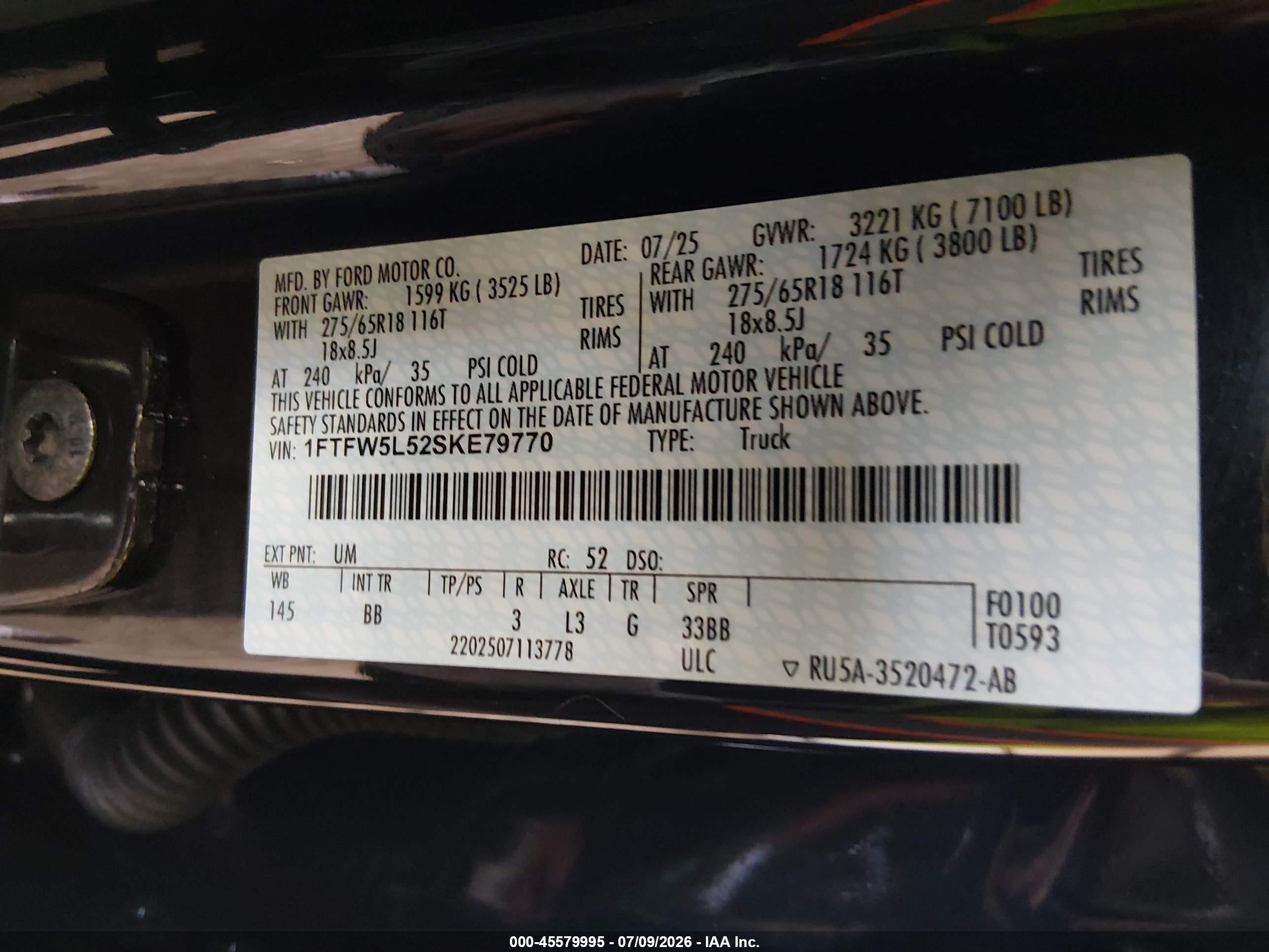 2025 Ford F-150 Lariat Black vin: 1FTFW5L52SKE79770