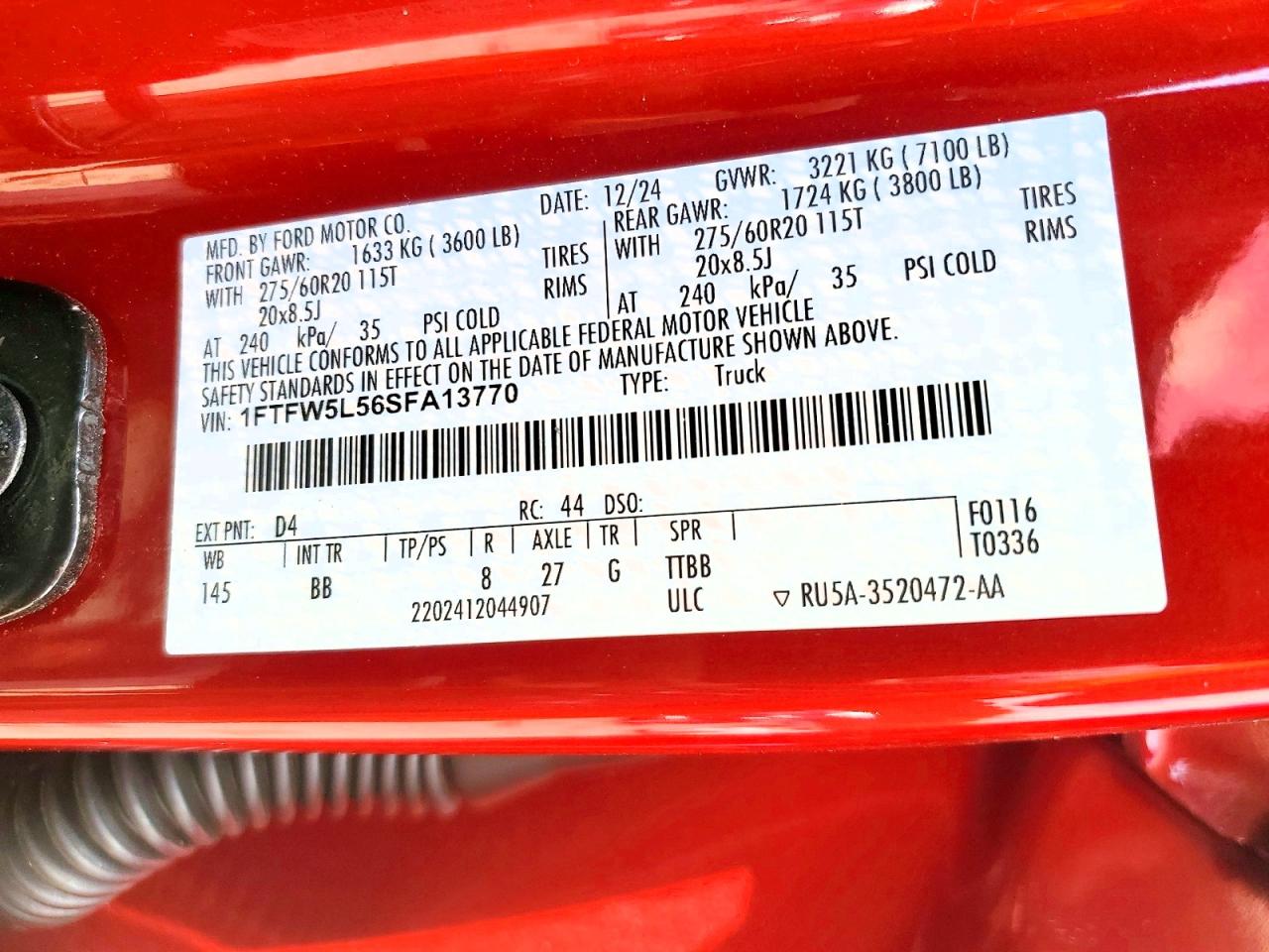 2025 Ford F150 Lariat Red vin: 1FTFW5L56SFA13770