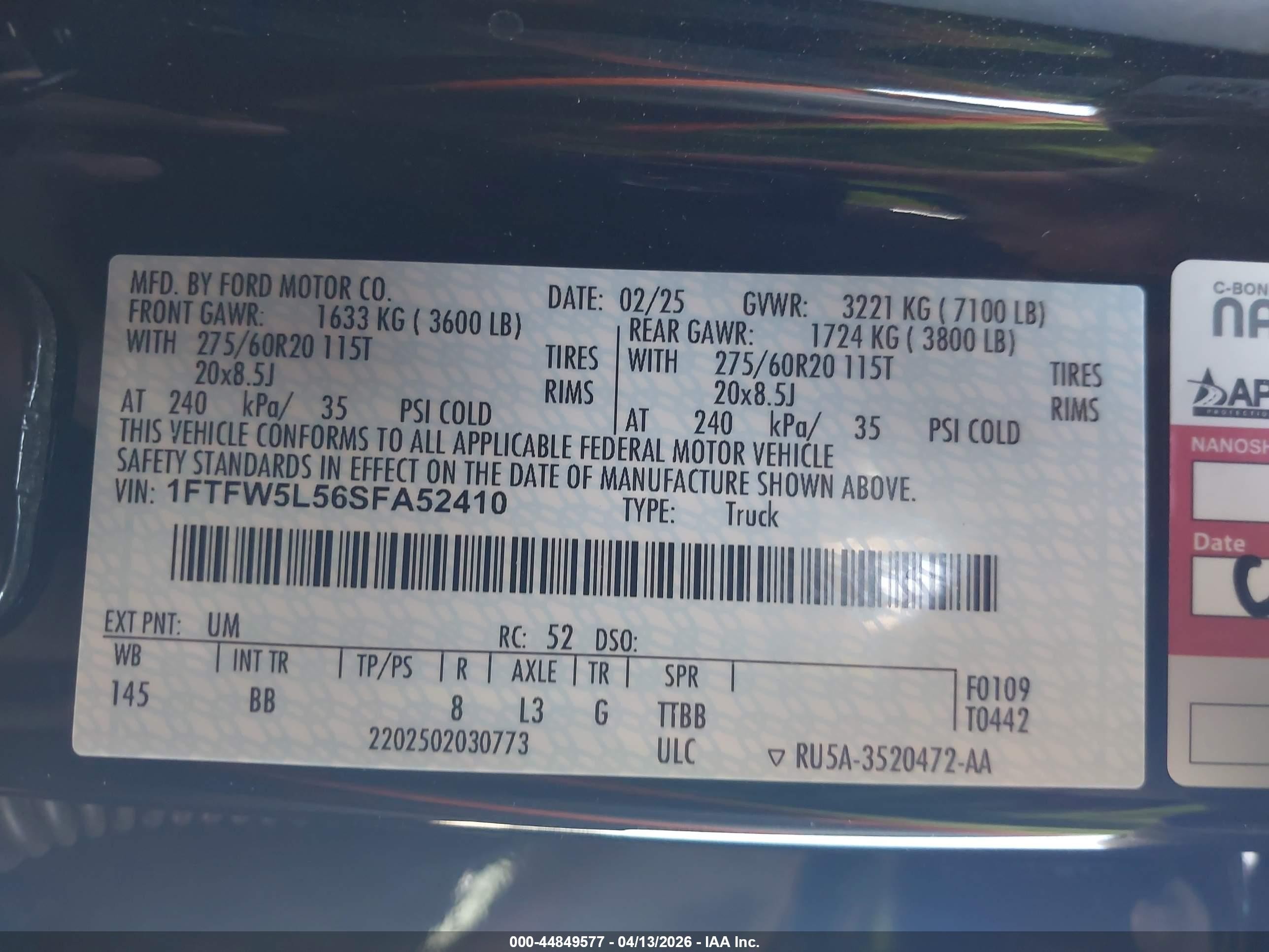 2025 Ford F-150 Lariat Black vin: 1FTFW5L56SFA52410