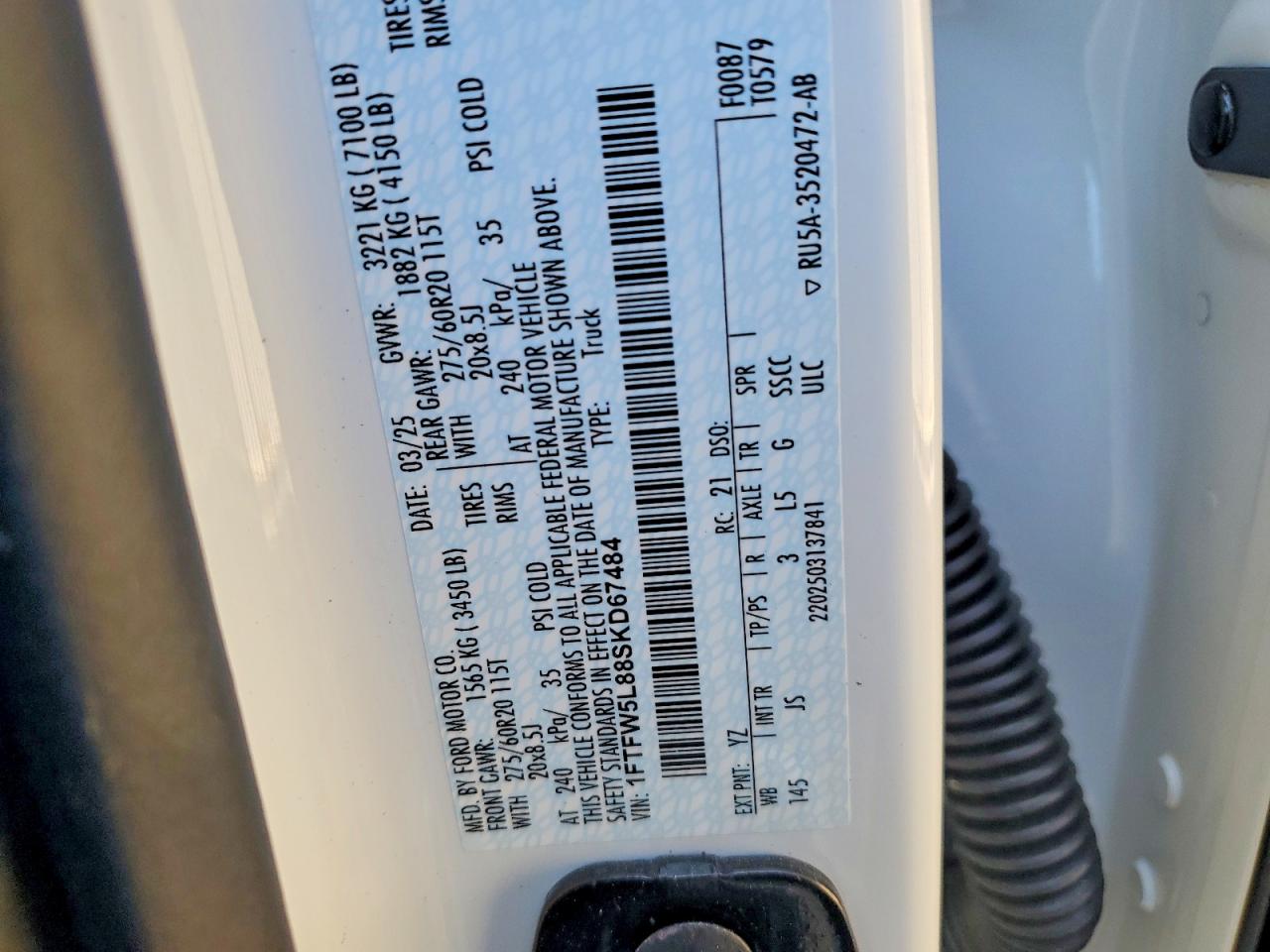 2025 Ford F150 Lariat White vin: 1FTFW5L88SKD67484