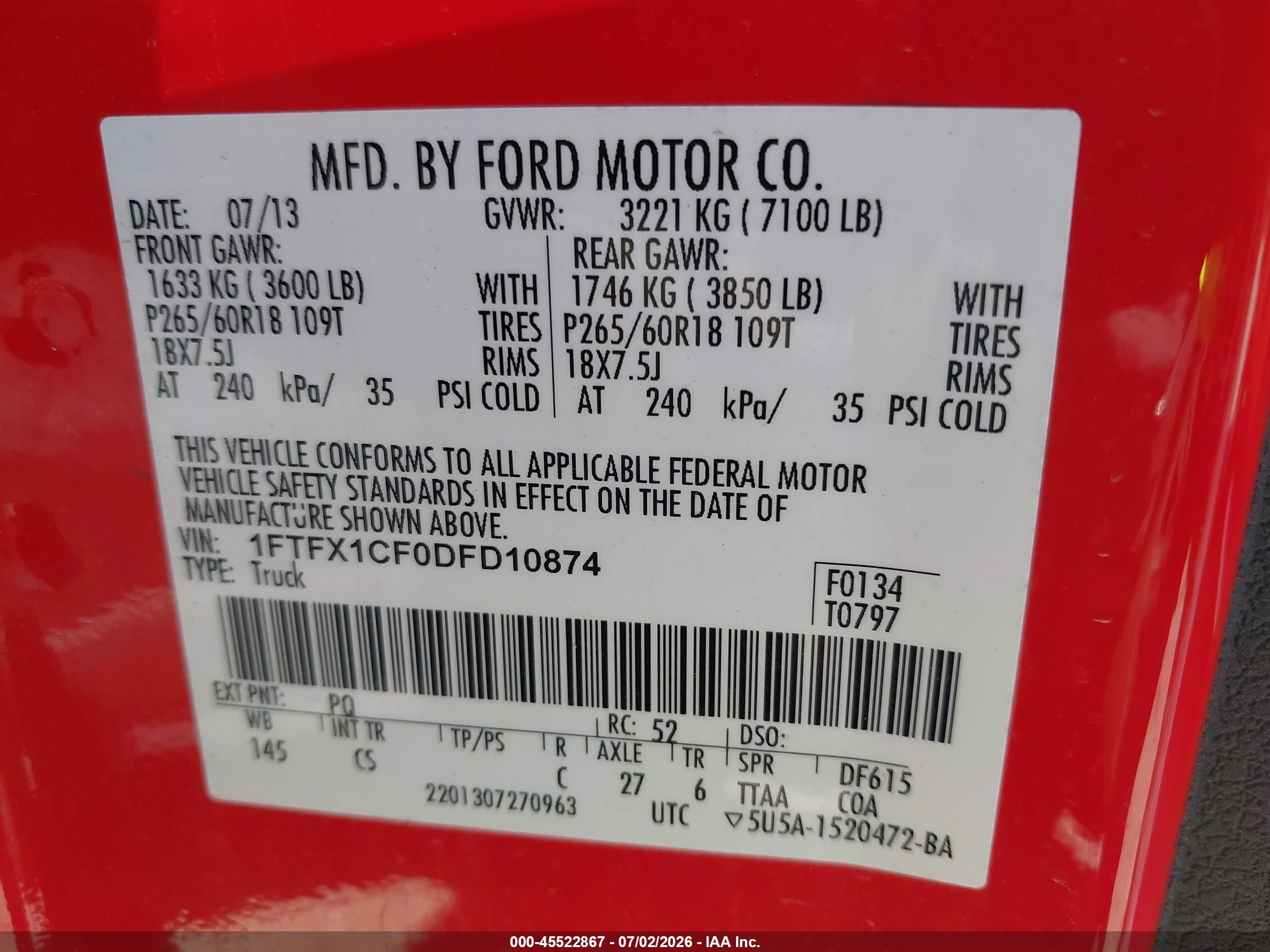 2013 Ford F-150 Fx2/lariat/stx/xl/xlt Red vin: 1FTFX1CF0DFD10874