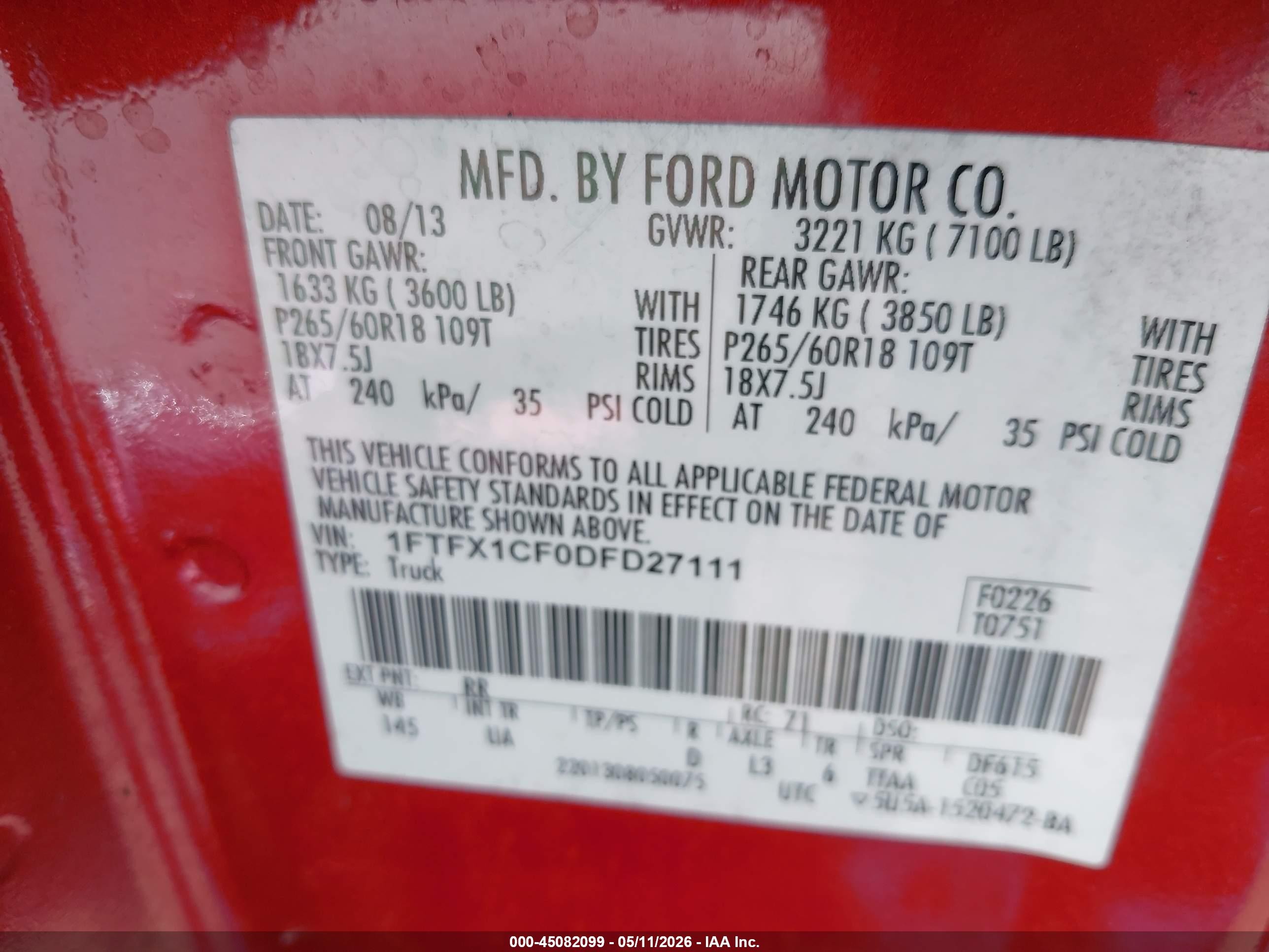 2013 Ford F-150 Xlt Red vin: 1FTFX1CF0DFD27111