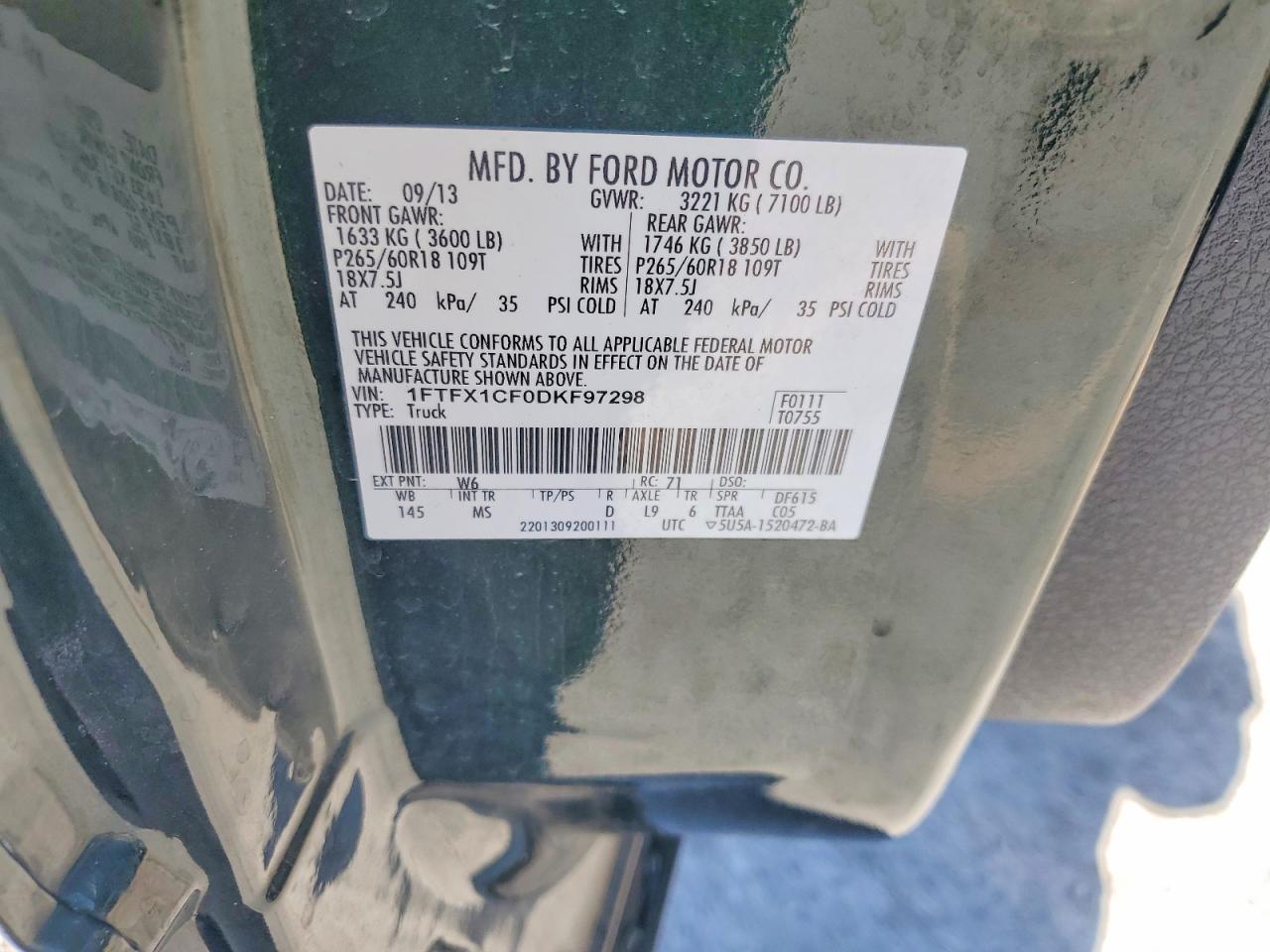 2013 Ford F150 Super Cab Green vin: 1FTFX1CF0DKF97298