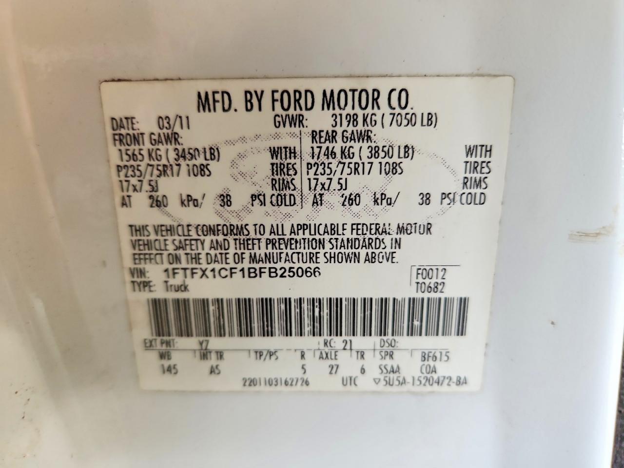 2011 Ford F150 Super Cab White vin: 1FTFX1CF1BFB25066