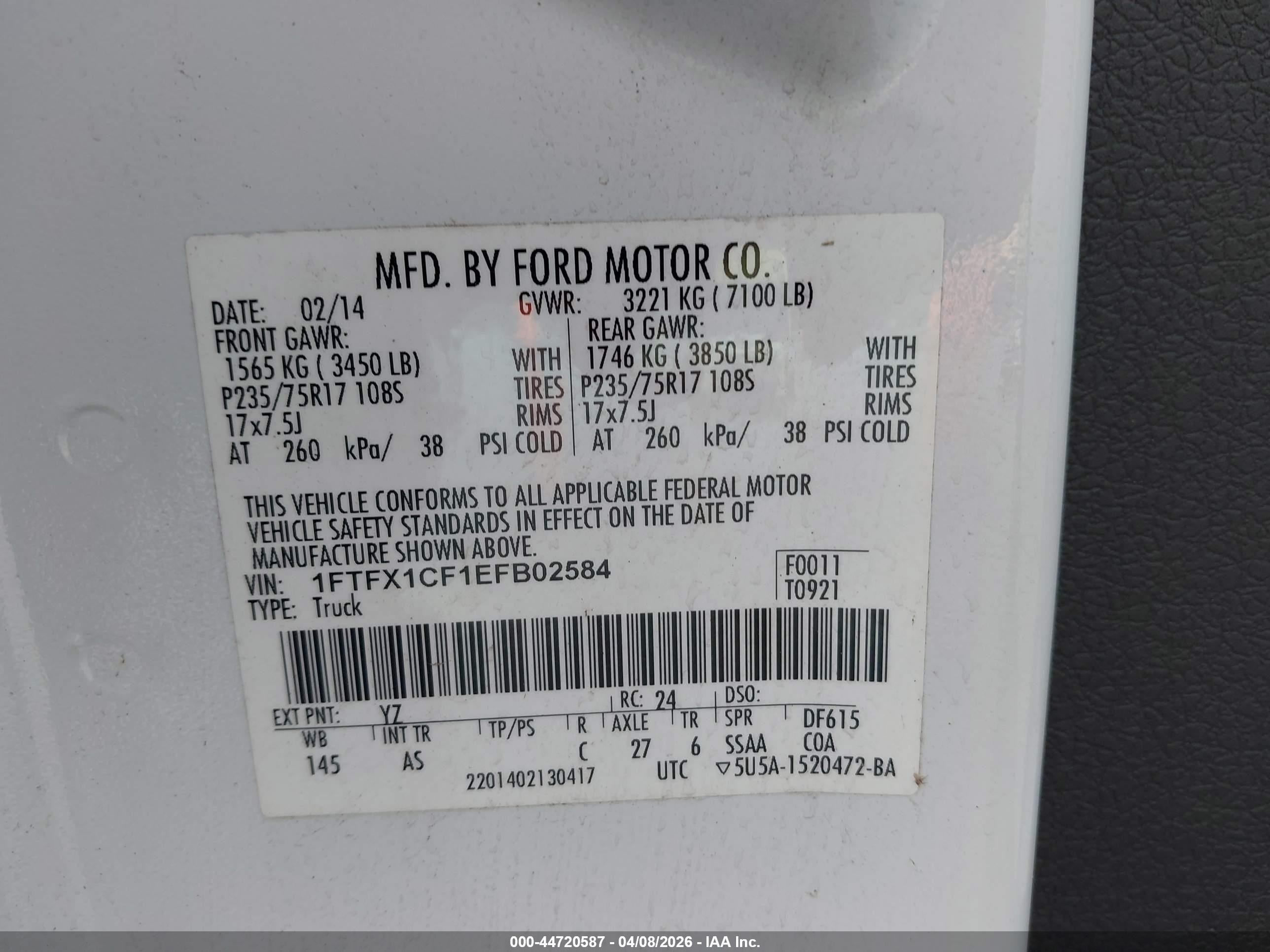2014 Ford F-150 Xl White vin: 1FTFX1CF1EFB02584