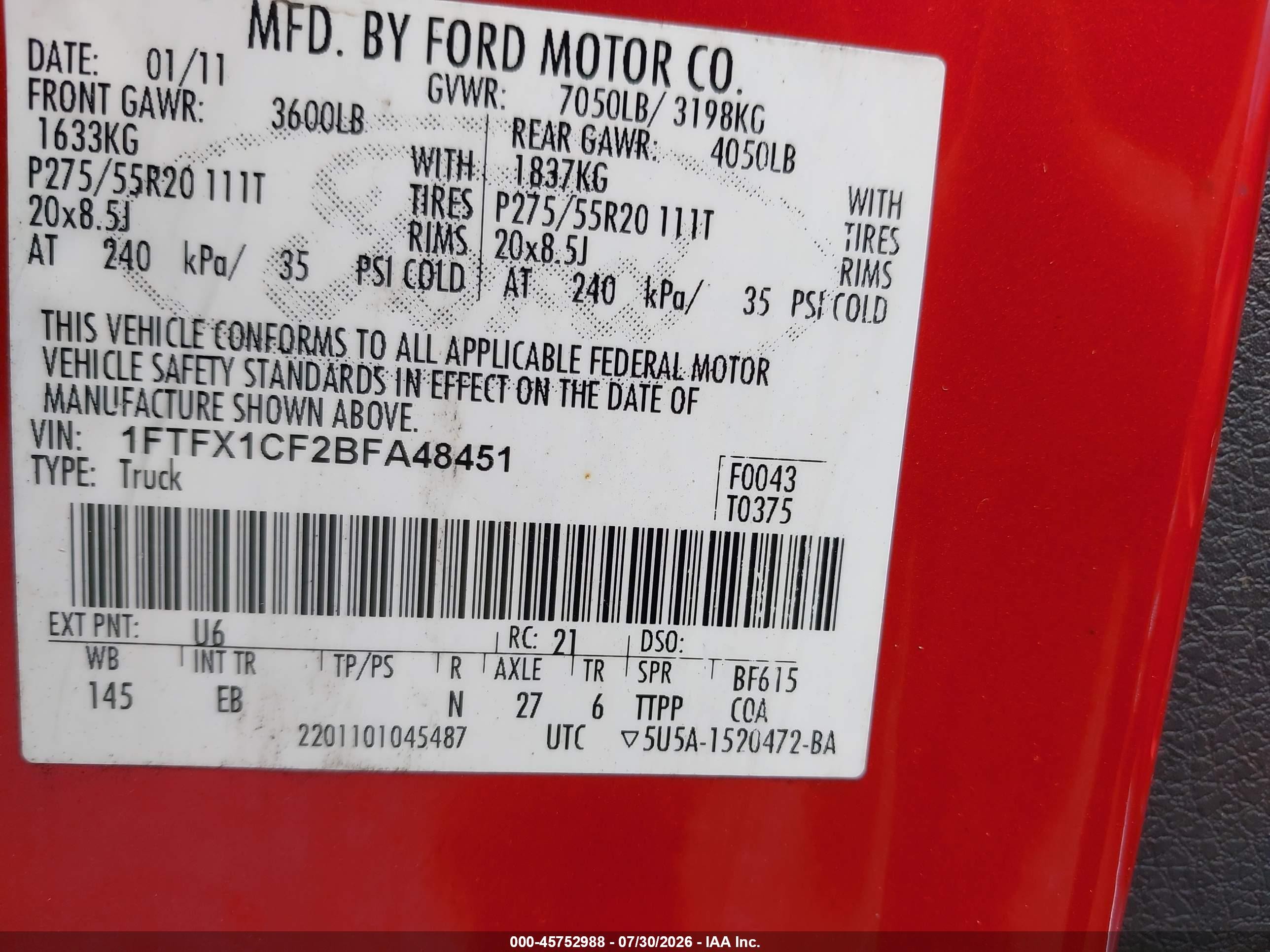 2011 Ford F-150 Lariat Red vin: 1FTFX1CF2BFA48451
