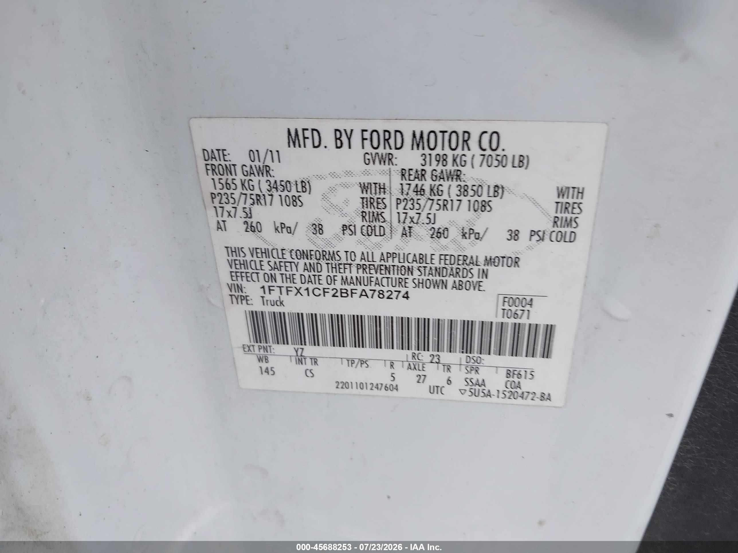 2011 Ford F-150 Xl White vin: 1FTFX1CF2BFA78274
