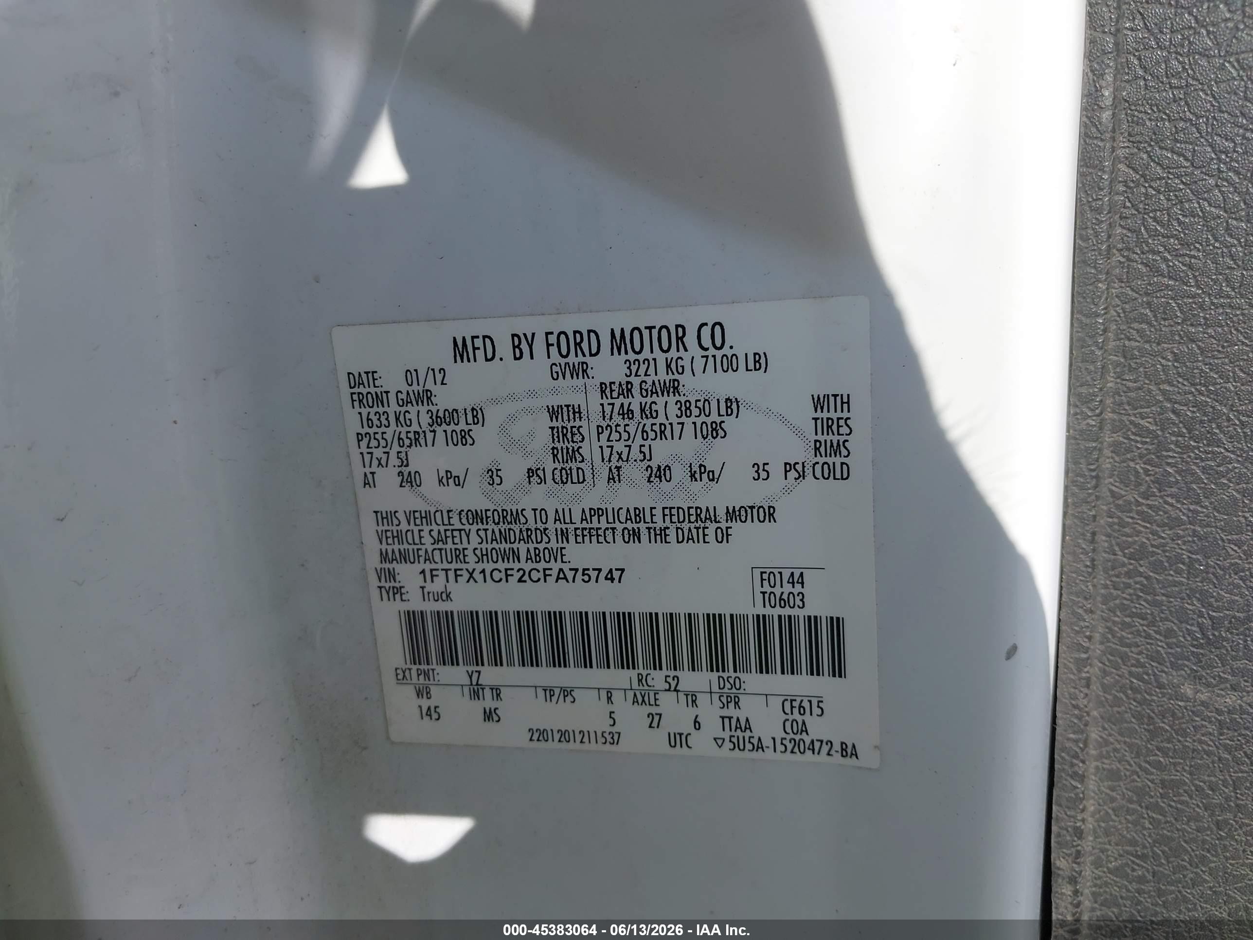 2012 Ford F-150 Xlt White vin: 1FTFX1CF2CFA75747