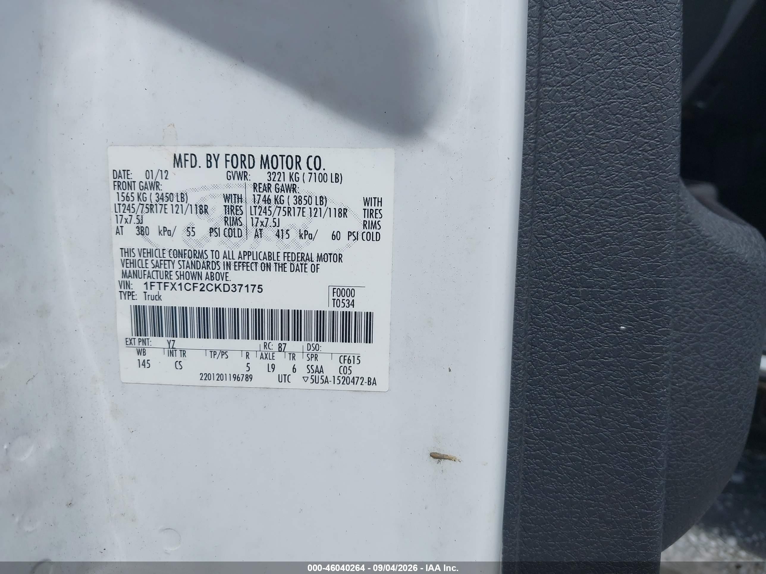 2012 Ford F-150 Xl White vin: 1FTFX1CF2CKD37175