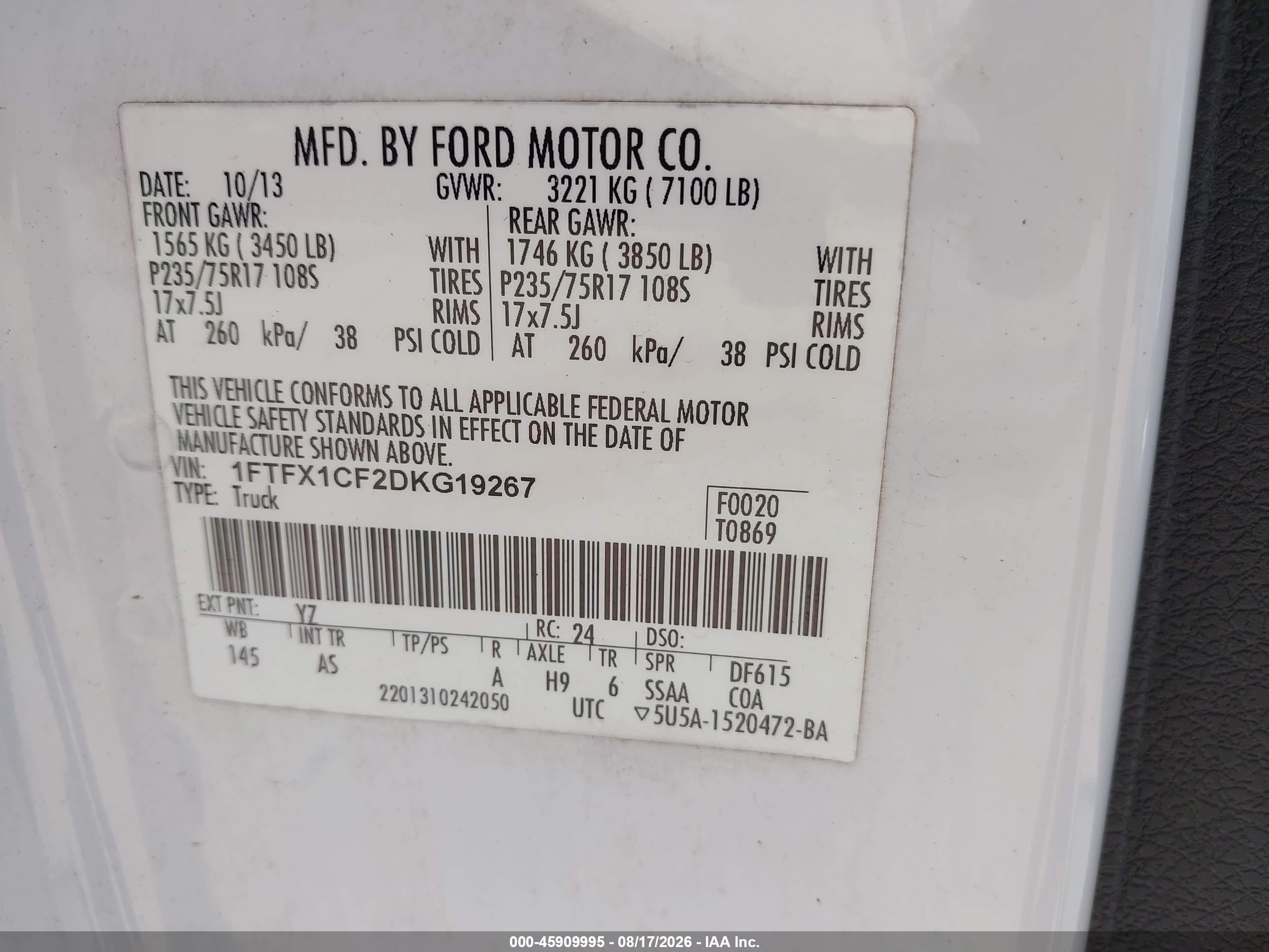 2013 Ford F-150 Xl White vin: 1FTFX1CF2DKG19267