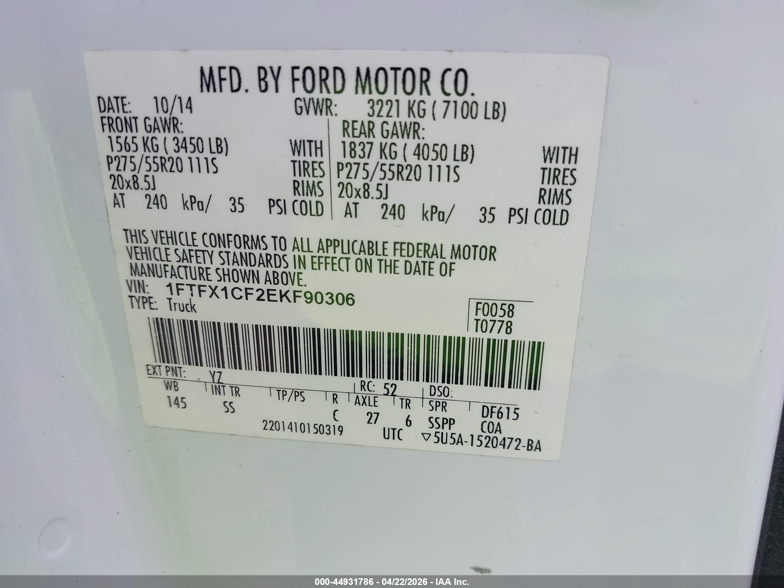 2014 Ford F-150 Stx Белый vin: 1FTFX1CF2EKF90306