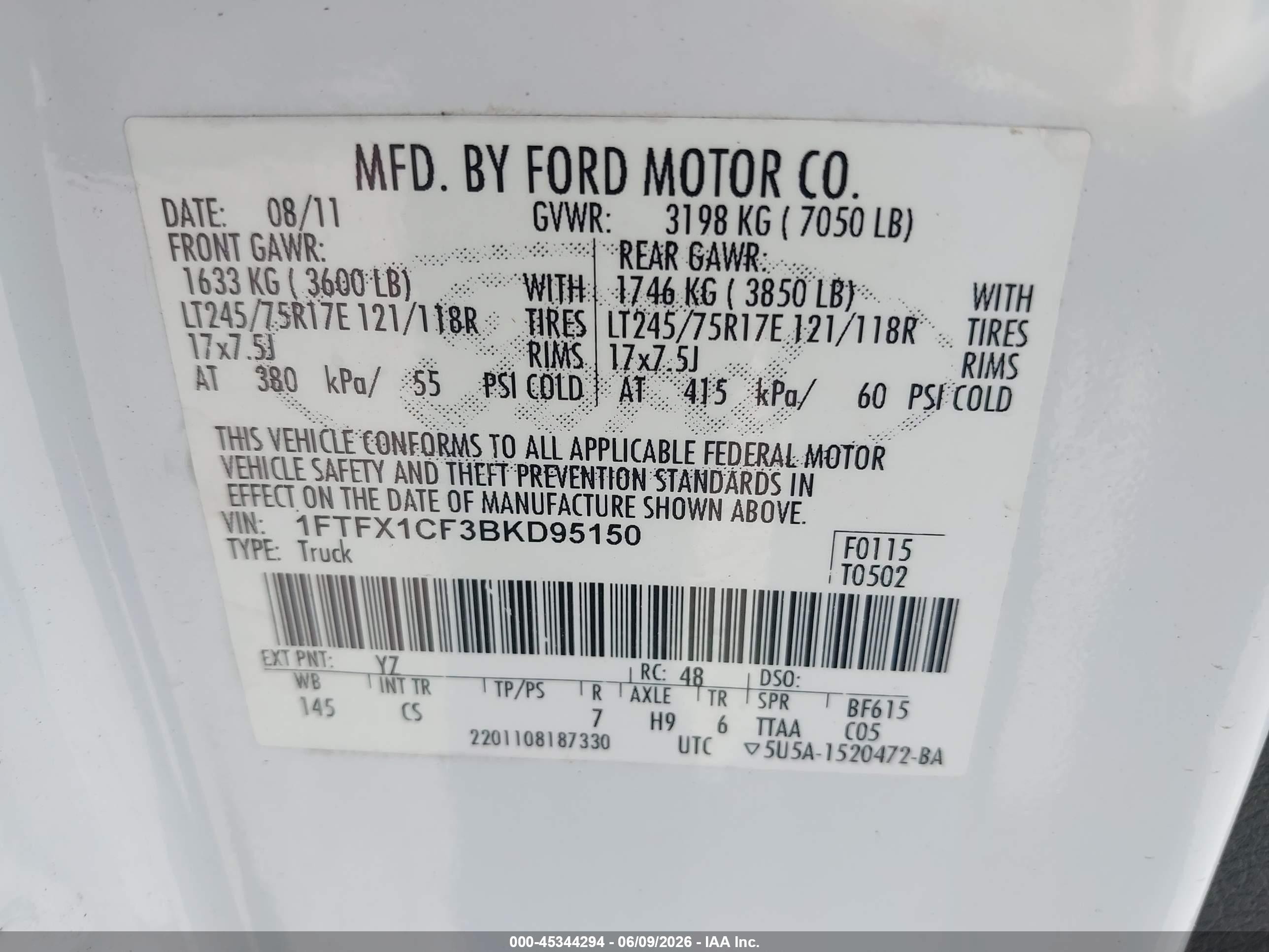 2011 Ford F-150 Xl White vin: 1FTFX1CF3BKD95150