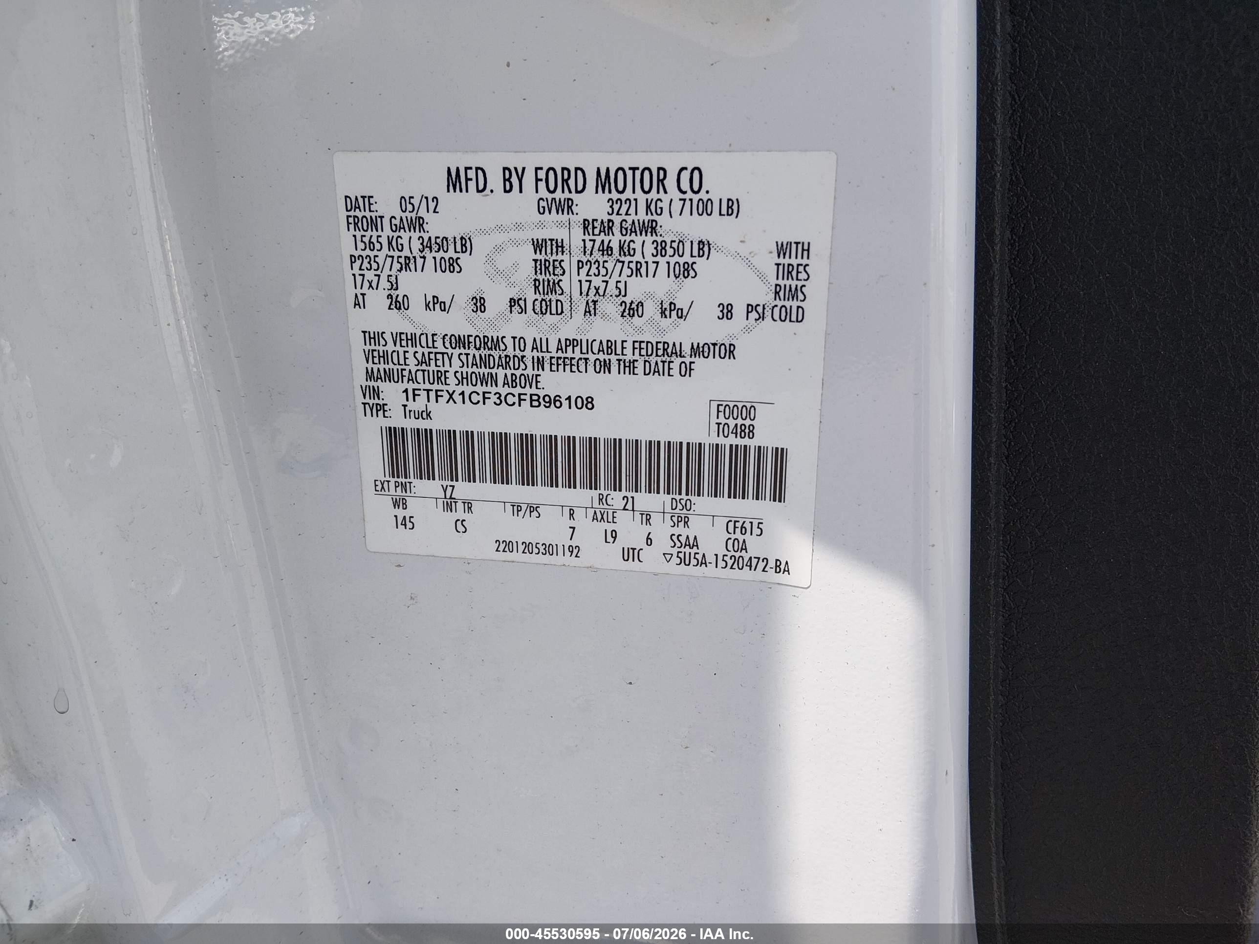 2012 Ford F-150 Fx2/lariat/stx/xl/xlt White vin: 1FTFX1CF3CFB96108