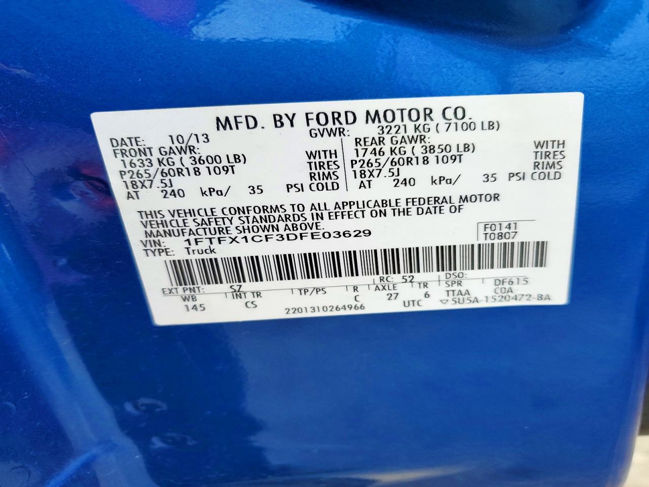 2013 Ford F150 Super Cab Blue vin: 1FTFX1CF3DFE03629