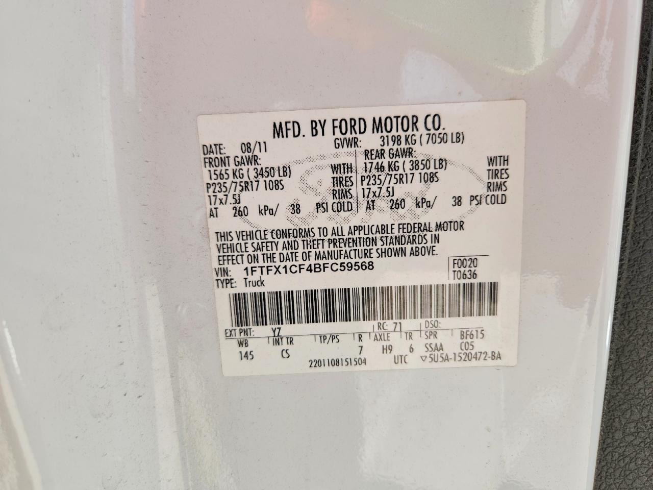 2011 Ford F150 Super Cab White vin: 1FTFX1CF4BFC59568