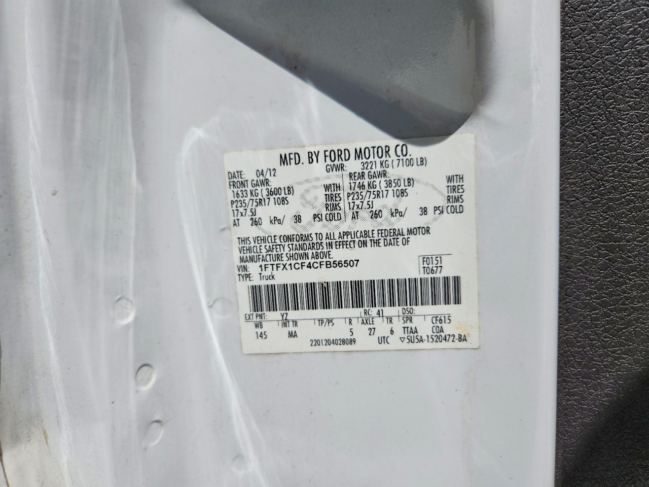 2012 Ford F150 Super Cab White vin: 1FTFX1CF4CFB56507