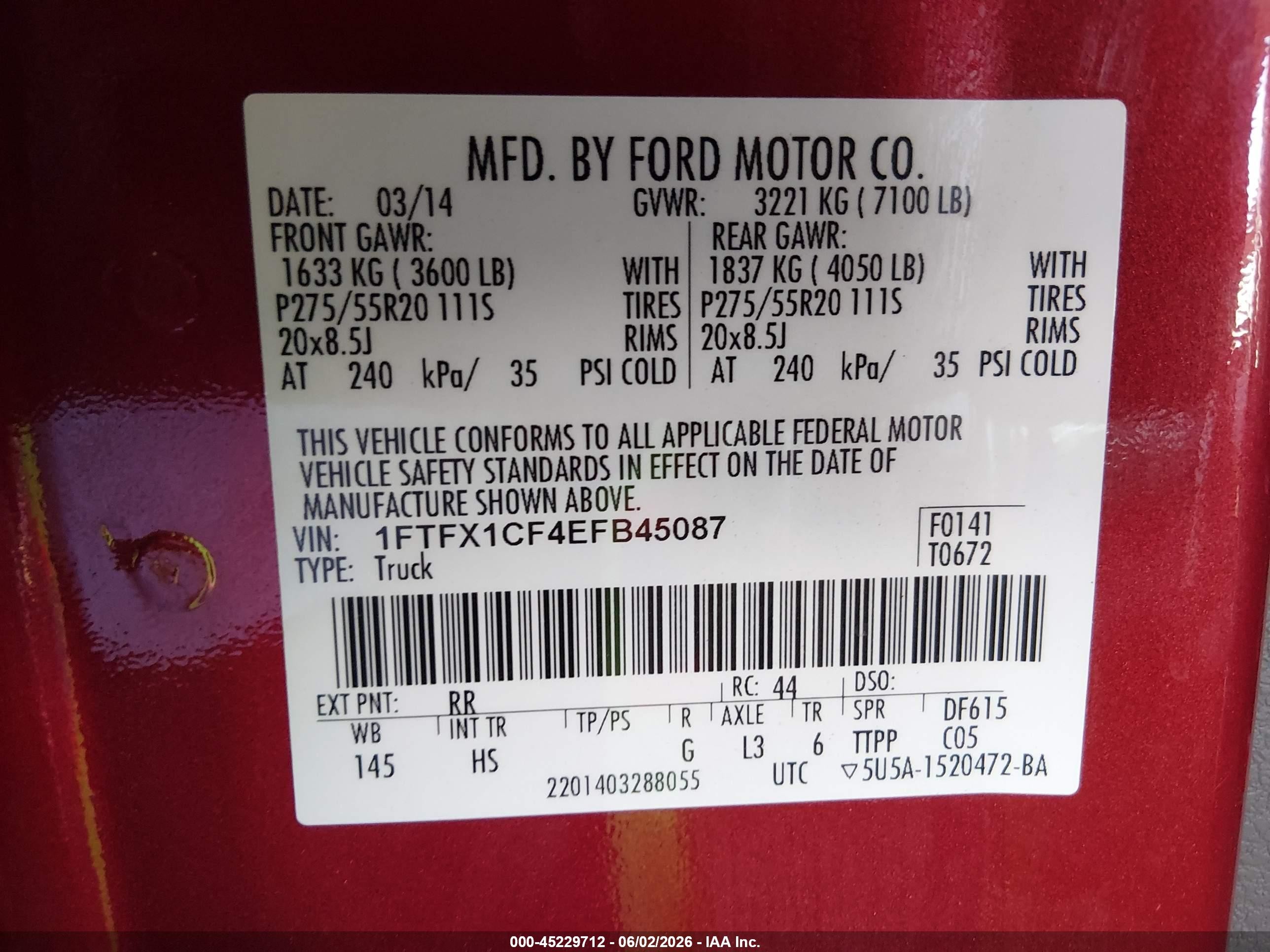 2014 Ford F-150 Lariat Red vin: 1FTFX1CF4EFB45087