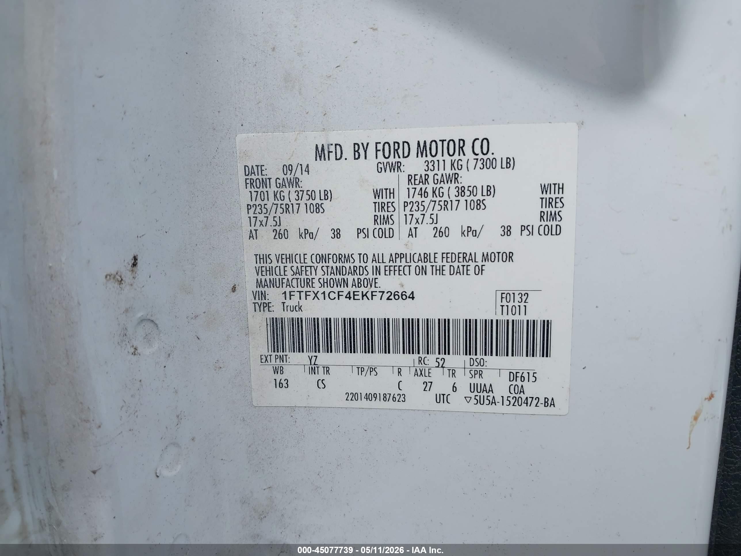2014 Ford F-150 Xl White vin: 1FTFX1CF4EKF72664