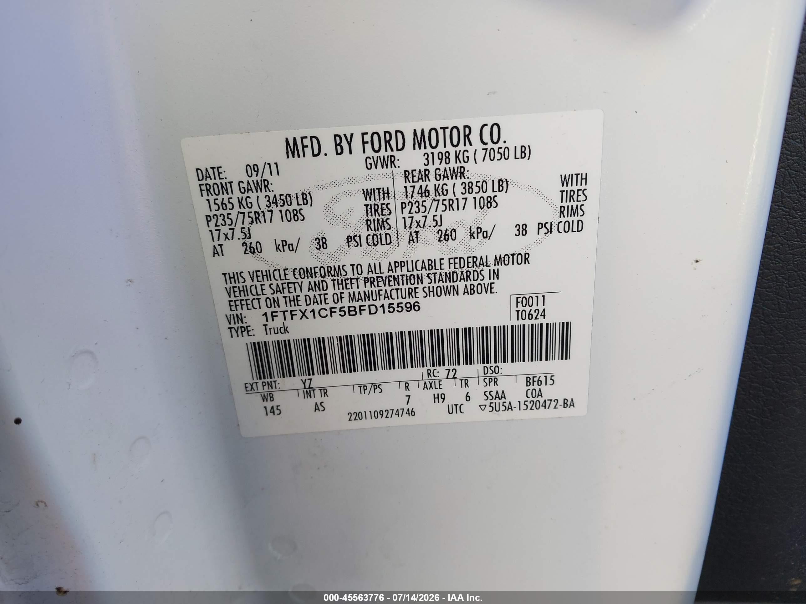 2011 Ford F-150 Fx2/lariat/stx/xl/xlt White vin: 1FTFX1CF5BFD15596