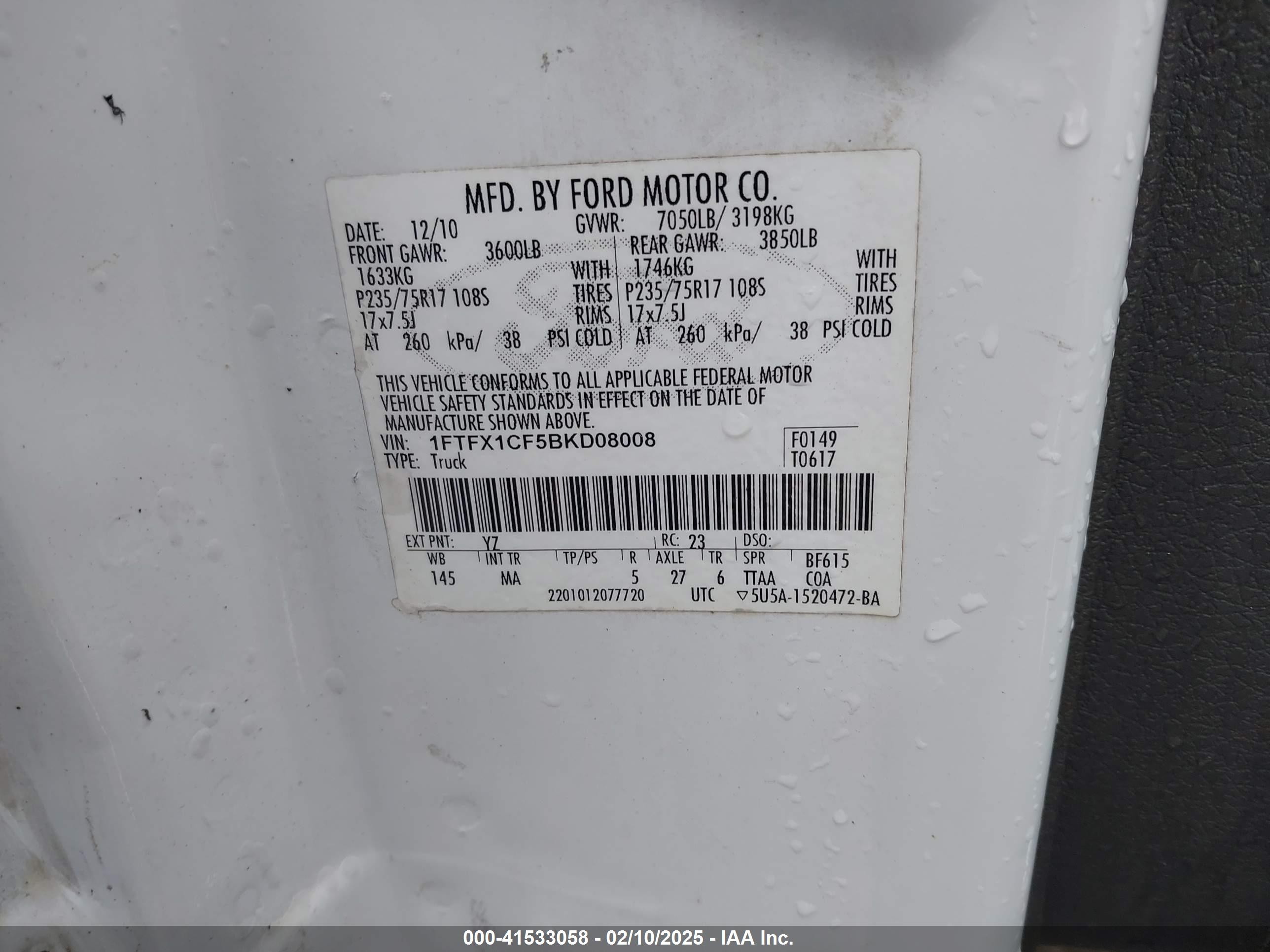 2011 Ford F-150 Xlt White vin: 1FTFX1CF5BKD08008