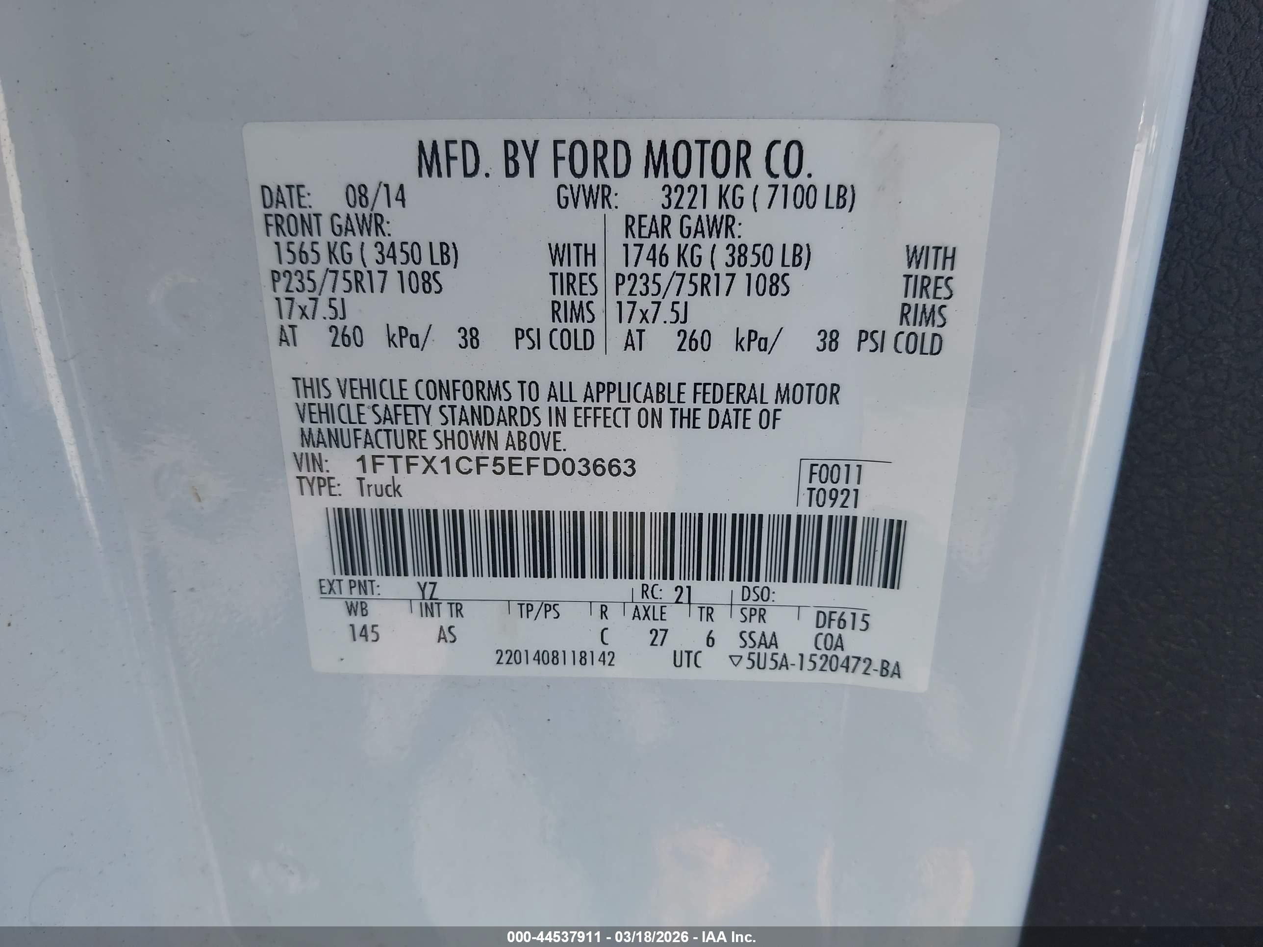 2014 Ford F-150 Xl White vin: 1FTFX1CF5EFD03663