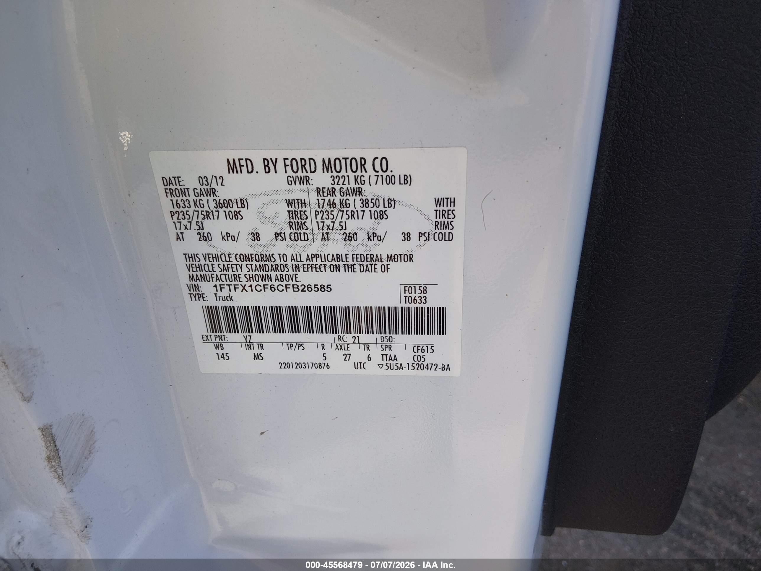 2012 Ford F-150 Xlt White vin: 1FTFX1CF6CFB26585