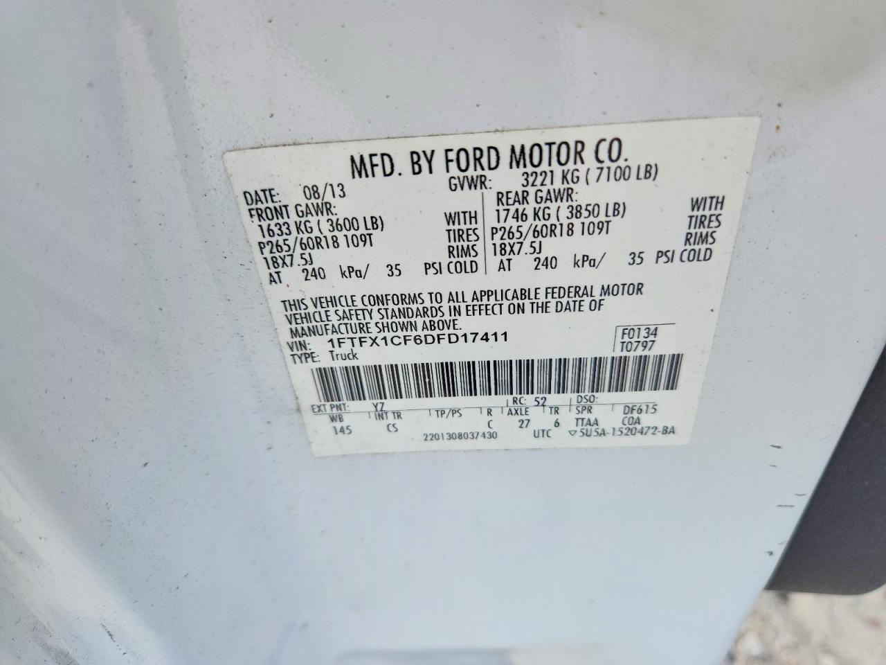 2013 Ford F150 Super Cab White vin: 1FTFX1CF6DFD17411