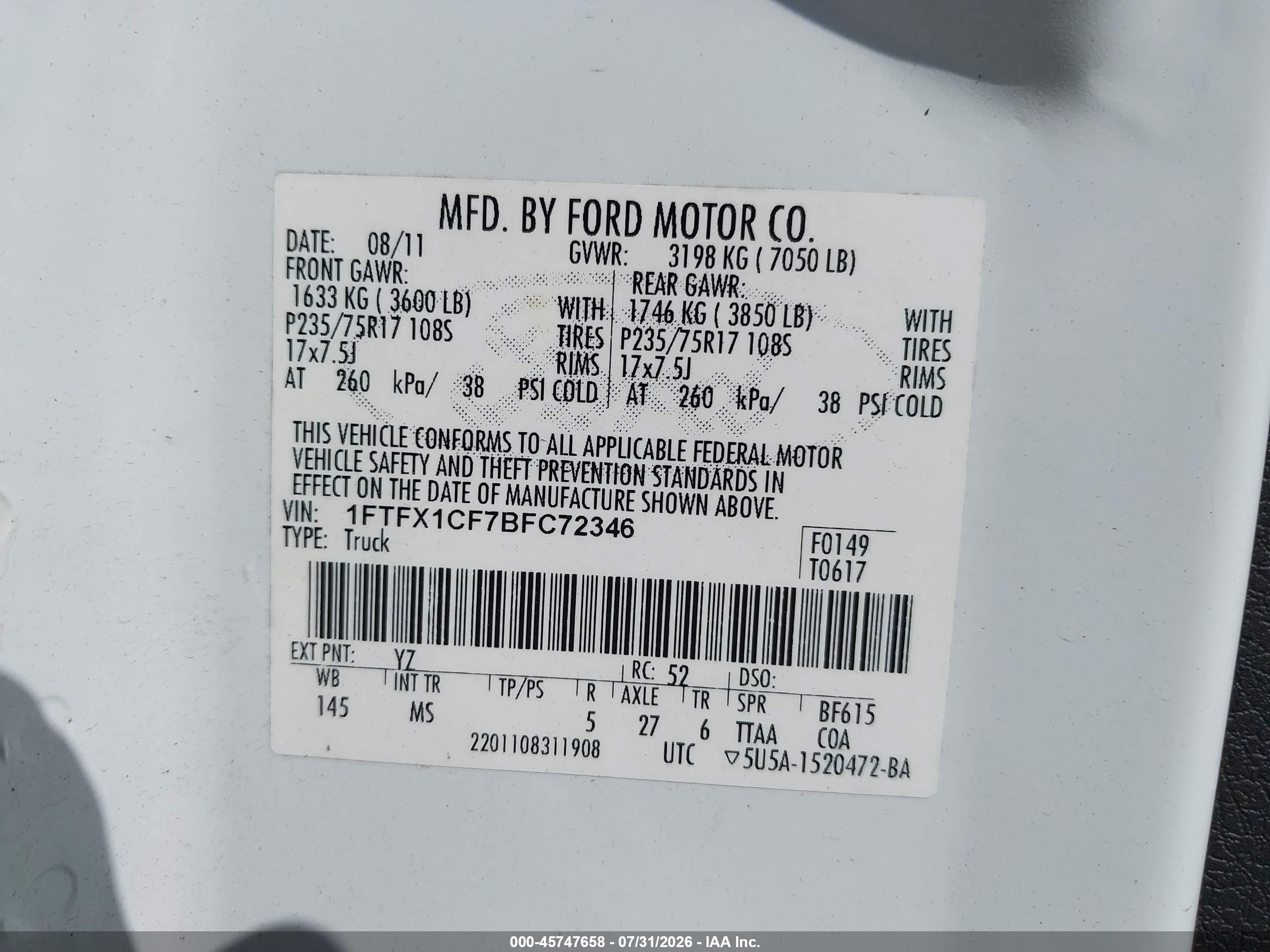 2011 Ford F-150 Xlt White vin: 1FTFX1CF7BFC72346