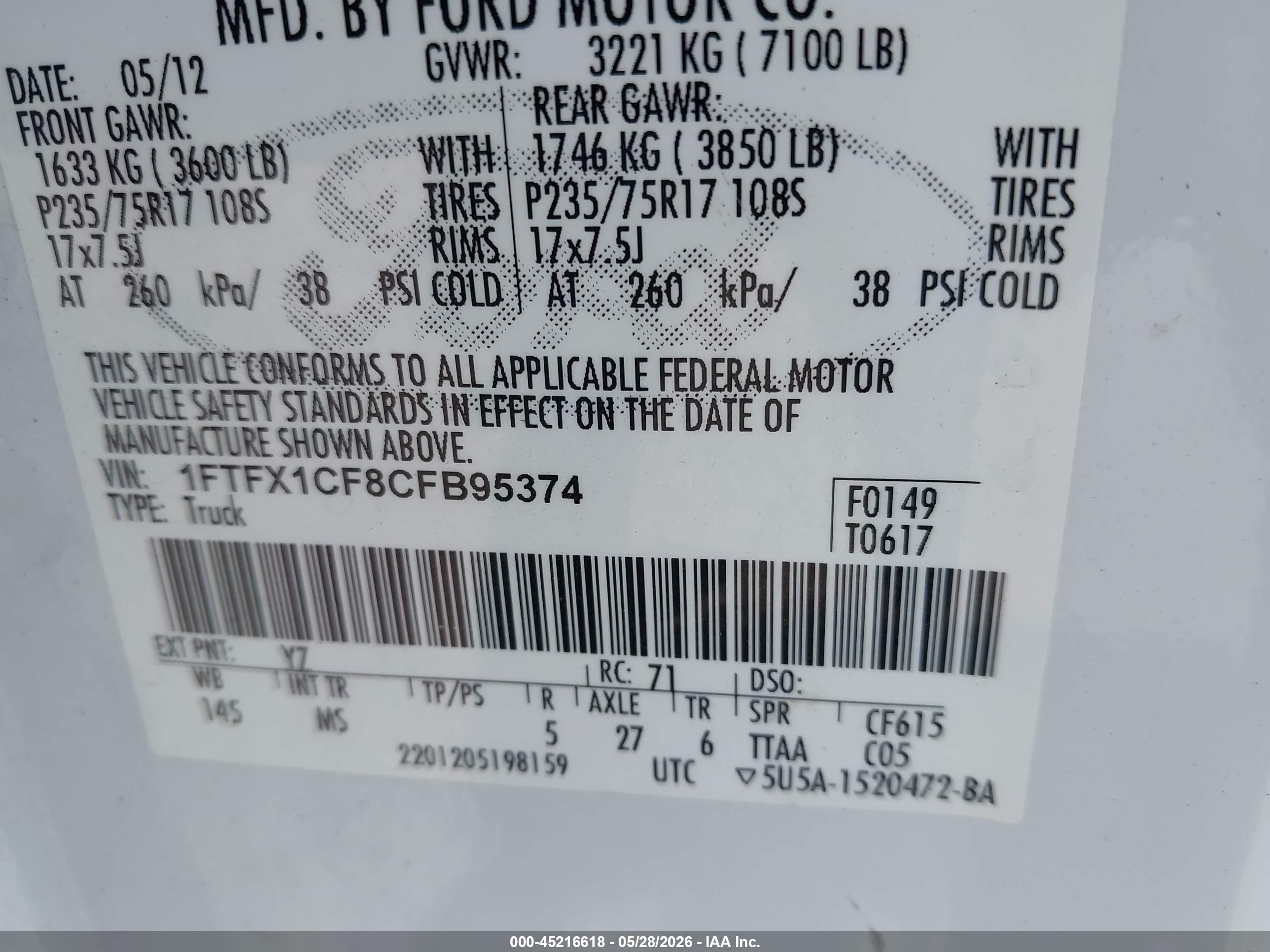 2012 Ford F-150 Xlt White vin: 1FTFX1CF8CFB95374