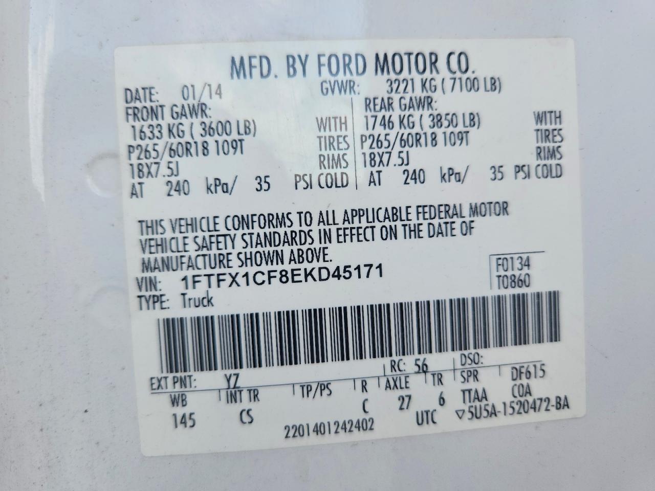 2014 Ford F150 Super Cab White vin: 1FTFX1CF8EKD45171