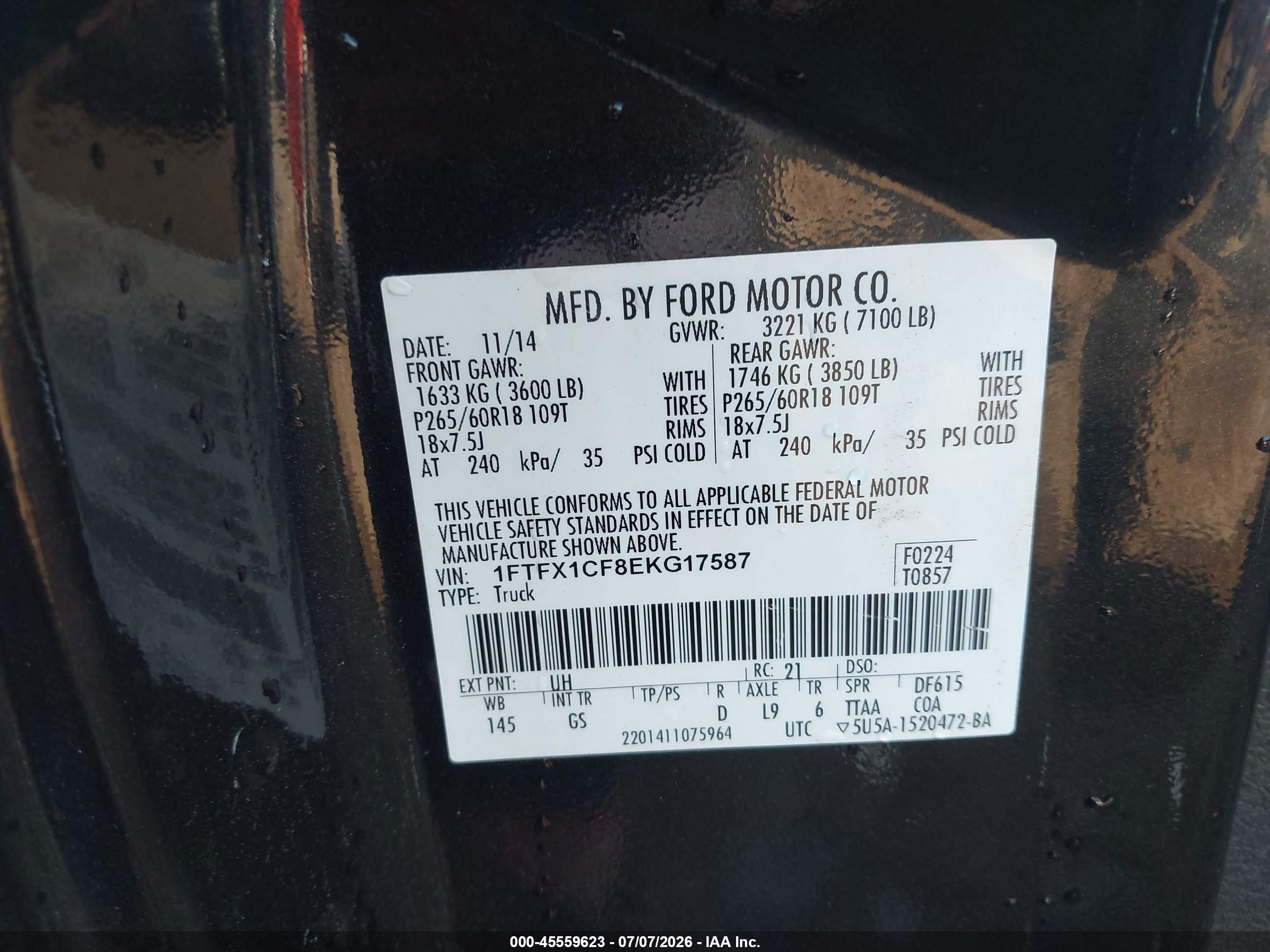 2014 Ford F-150 Fx2/lariat/stx/xl/xlt Black vin: 1FTFX1CF8EKG17587