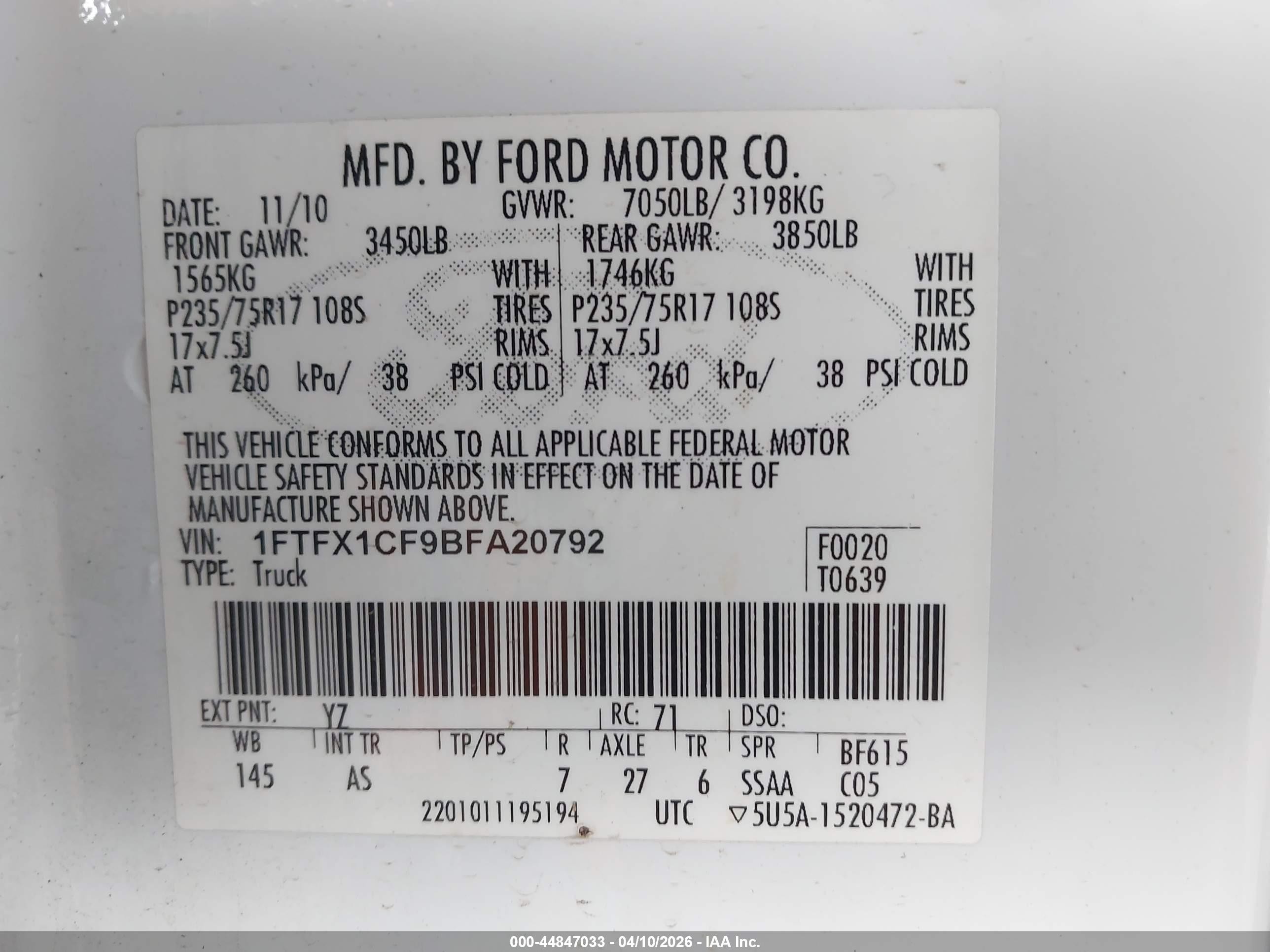 2011 Ford F-150 Xl White vin: 1FTFX1CF9BFA20792